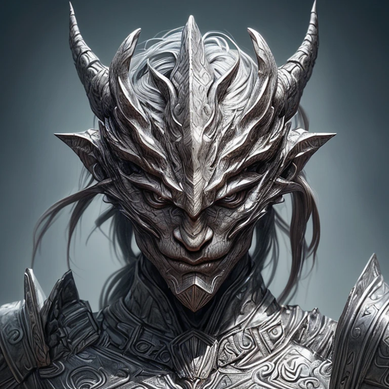 A dragon head,with a perfect sculptural realistic,with silver mediaval armor, and potrait, ultra realistic, HD,  