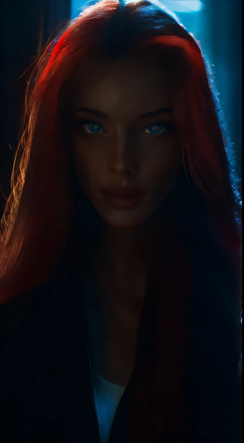 Best quality, 4K, high resolution, Masterpiece:1.2, super ultra detail, (Realistic, Photorealistic, photo-realistic:1.37), vibrant, Red and blue heterochromic eyes,Strong gaze,Mesmerizing eye contact,Fire-red iris,Dark blue shining stars,Shining pupils,Vivid colors,Portrait,Fantasy art,Magical red light,Ethereal beauty,Red color palette,Long yellow hair,Cloak like red