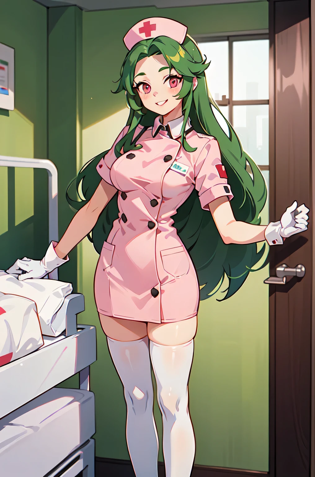 1woman, solo, nurse, white nurse cap, white nurse uniform, ((white legwear, zettai ryouiki)), white gloves, forehead, long hair, green hair, pink eyes, pink lips, smile, standing, ((hospital room)), sharp outline, short sleeves, mature female, 35 years old, best quality, masterpiece