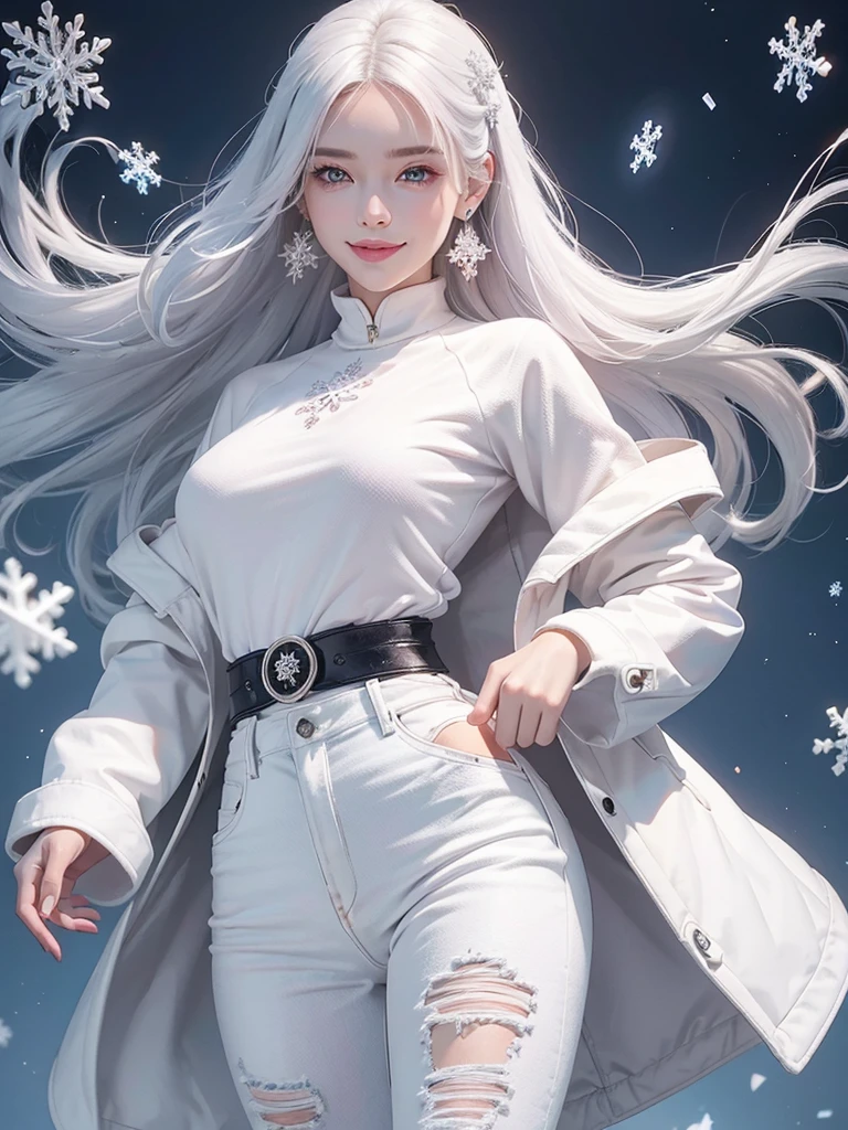 1 woman with a beautiful face, sweet smile, white hair, black eyes, white skin, pink mouth, wearing snowflake pattern earrings, black long-sleeved coat, floating waist, white undershirt, jeans, blue sneakers.