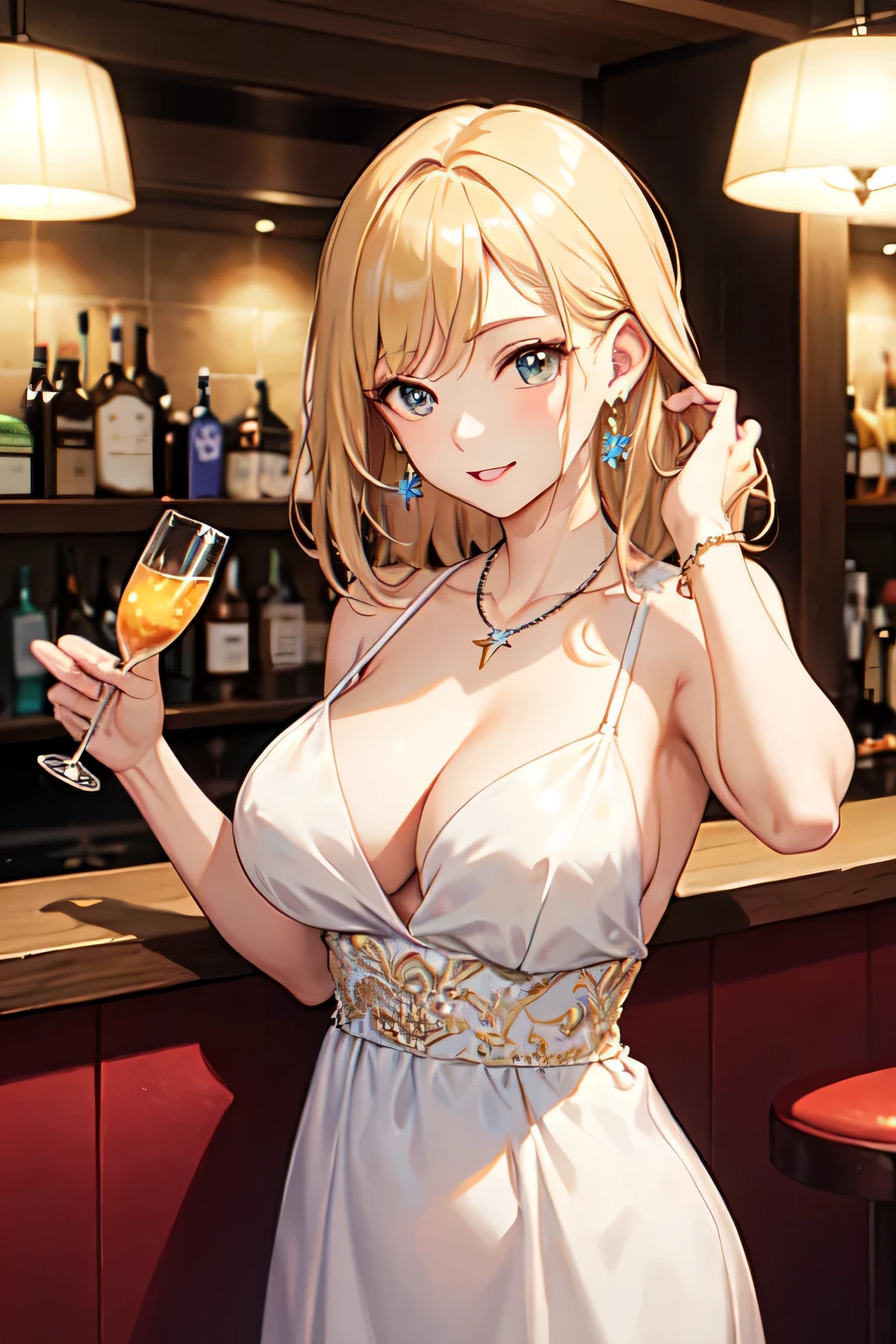 ((best quality)), ((masterpiece)), (detailed), perfect face、Tipsy、blonde、Smooth Hair、necklace、Earrings、Evening Dresses、A relaxing bar、Shot Glass、