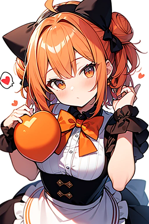 (masterpiece, best quality), chibi, close-up, portrait, 1girl, formidable_yz, head tilt, orange hair,one bun,cat maid,bowtie, spoken heart, white background			