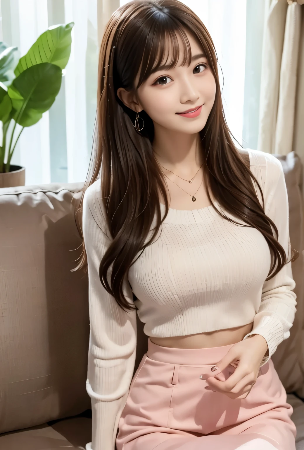 (masterpiece, best quality:1.1), (8k, raw photo, photo realistic:1.2, f22), (shiny skin), detailed skin,long hair,detailed face, detailed eyes,smile,BREAK, real world, intricate details, smil, BREAK, 1girl, (pink,Long sleeves,skirt), BREAK, (sofa:1.4), BREAK