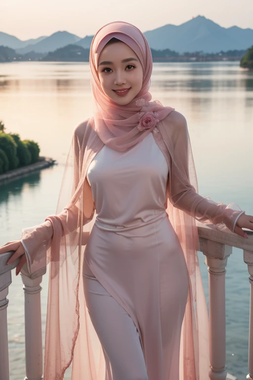 Best quality, high resolution, Masterpiece,Indonesian girl in hijab, transparent satin dress, voluptuous expression, sweet smile, girl in rose red hijab, pale pink lips, heavenly palace view background, highly detailed, 8k, beautiful smile and appearance