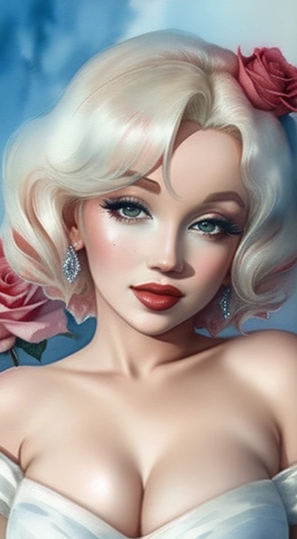 close up photo of Marilyn Monroe, off shoulder , watrcolor style, (rose) digital art, white background, among the roses, official art, blown by the wind, masterpiece, beautiful, ((watercolor)), paint splatter, intricate detail. Great detail, [dripping:0.7], Trending on Artstation, Rachel Walker
