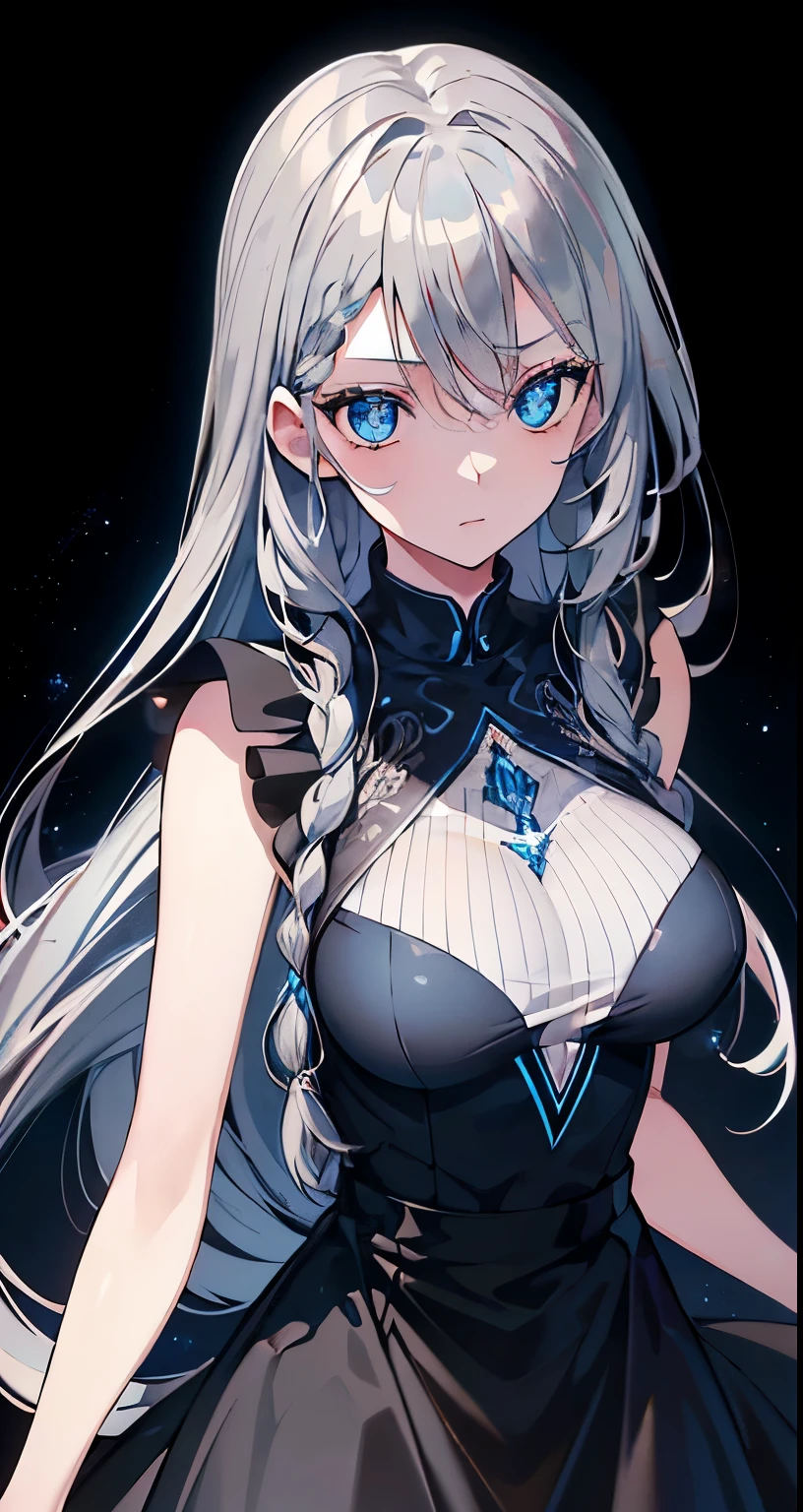 ((Beautiful Beautiful Girl)),(Blue color eyes), 1  and slender woman, Process々big breasts, ((ash Silver color hair)),((long braided hair)),In 8K, Best quality, (highly detailed head: 1.0), (Very detailed face: 1.0), (Highly detailed hair: 1.0),((black dress Clothes )),Detailed official artwork, Beautiful detailed anime art,