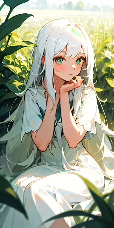 (masterpiece, highest quality),One girl with long white hair sitting in a field of green plants and flowers, She placed her hand under her chin, Warm lighting, White Dress, Blurred foreground