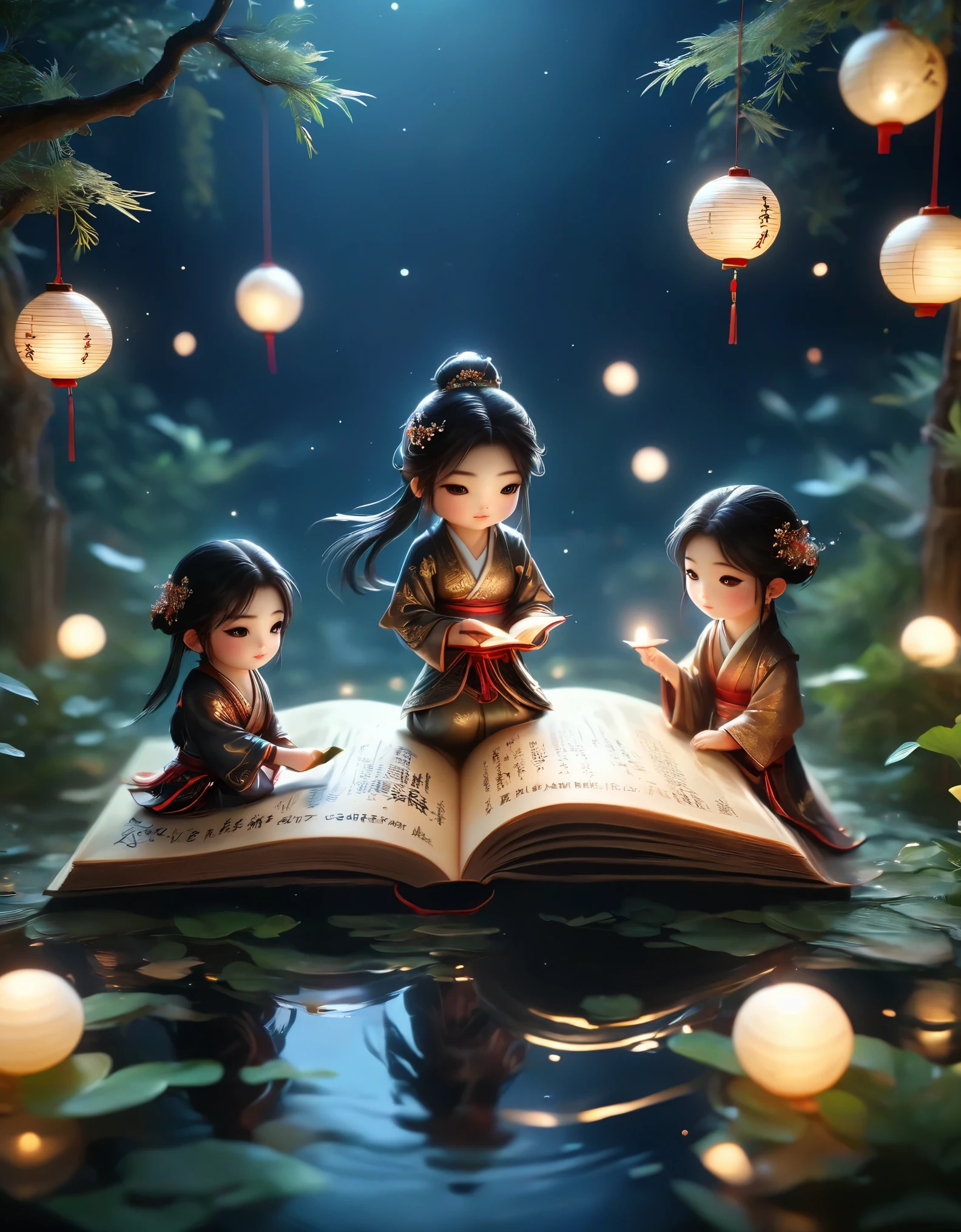 Three-dimensional ancient style,Romantic ancient style,Dark night shimmer,Elegant and simple,3 tiny people,Macro Photography,Suspension,Rolled up rice paper filled with calligraphy,High Angle Shot,Depth of Field,Bioluminescence,Chen Jia Leng,Quiet atmosphere,Fantastic,Exquisite details,Graphic illustration,Fluorescent Color,Anime Characters,Backlight,The book is very busy and the heart is shining,Beige tones,Concept Design,Decorative illustrations,Rich,Micro Rendering,Movie Light