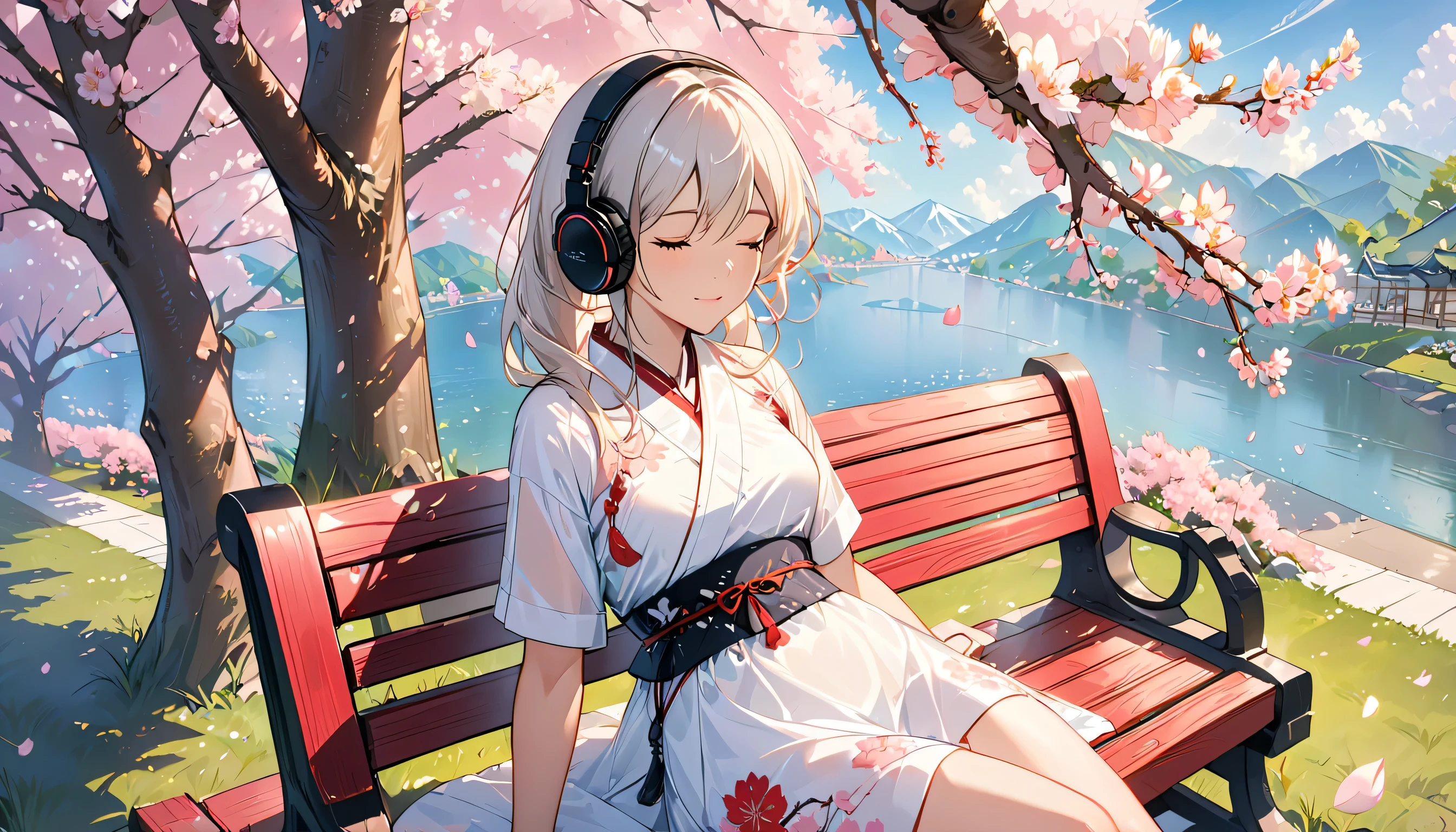 ((best quality)), ((masterpiece)), (detailed), perfect face, sitting under the cherry blossom tree, listening to music, One woman, wearing headphones, eyes closed, wearing underwear, underwear is transparent, sitting on a bench