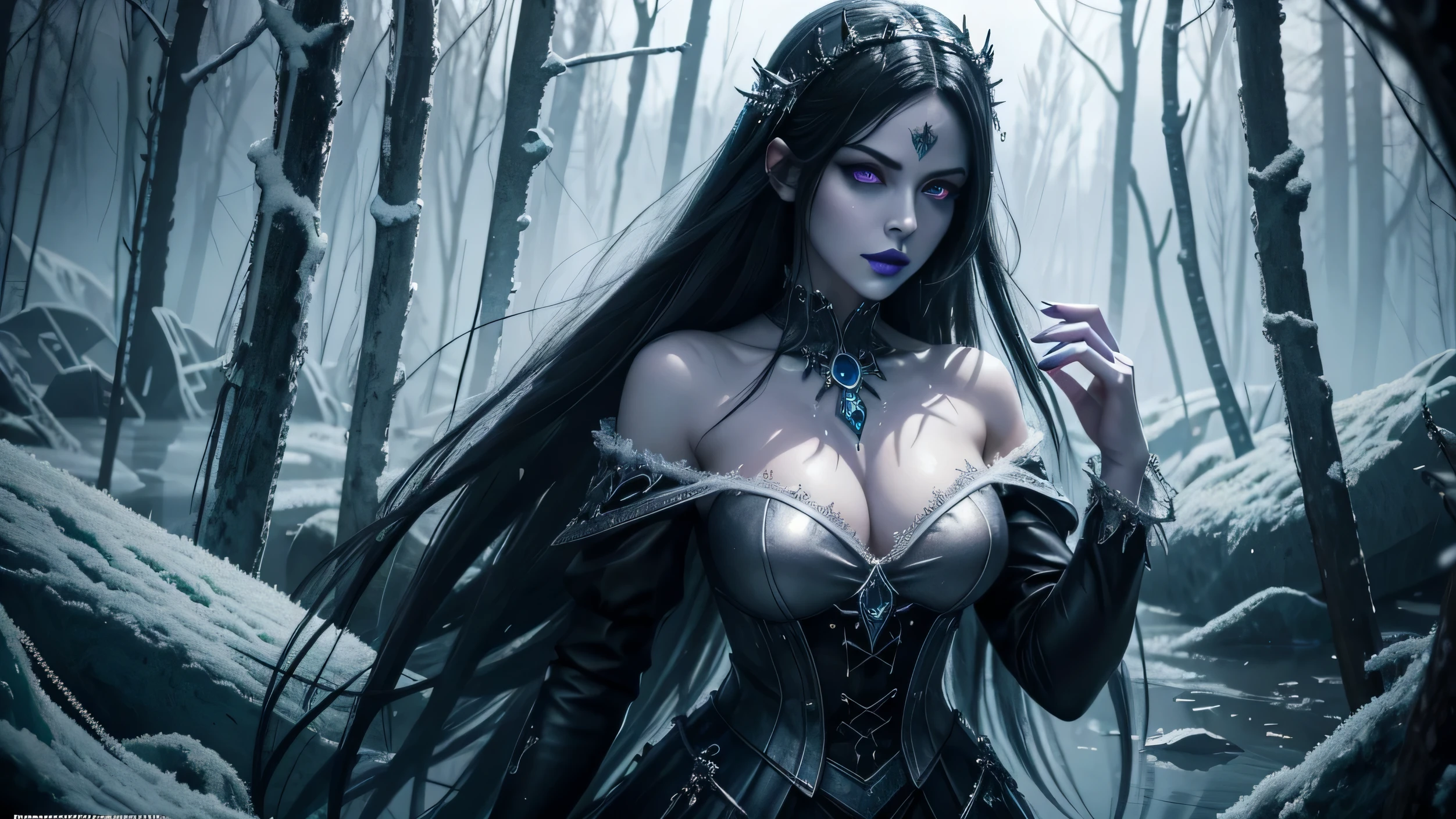 There is a full size figure of a beautiful zombie women with cute face black hair silver white eyes dark blue eye shadows and frost blue lips dressed in purple Gothic dress with glass ice claws on her fingers, women walk thru the swamp emanates grave chilling frost aura ground froze where she steps , high quality beautiful face, detailed anime art, detailed anime wallpaper , high quality illustration. 8k top quality details