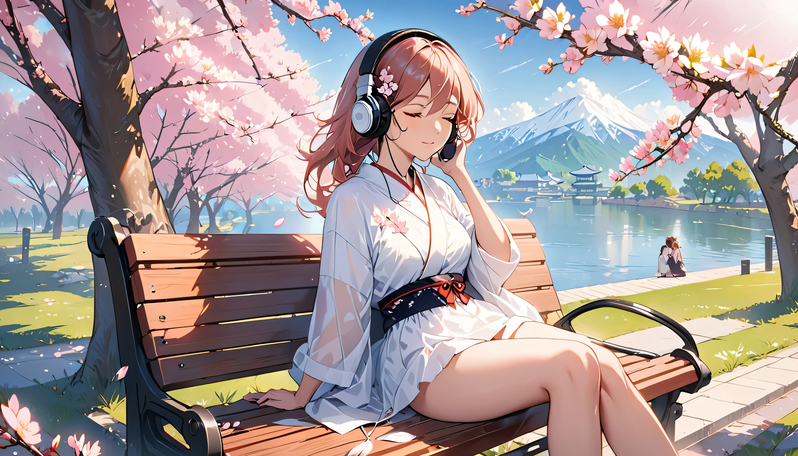 ((best quality)), ((masterpiece)), (detailed), perfect face, sitting under the cherry blossom tree, listening to music, One woman, wearing headphones, eyes closed, wearing underwear, underwear is transparent, sitting on a bench