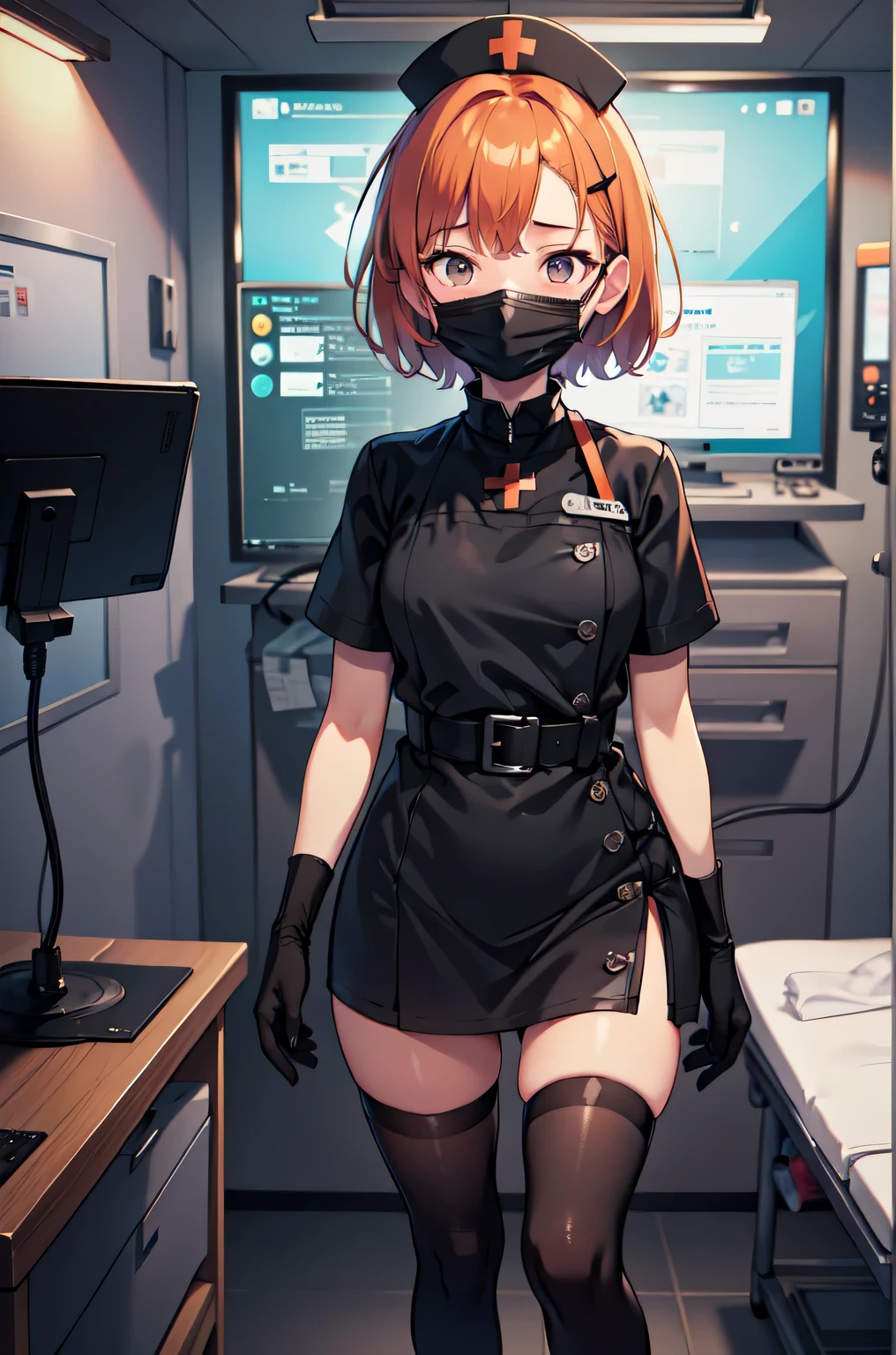 black nurse, 1girl, solo, black nurse cap, black nurse uniform, ((black legwear, zettai ryouiki)), black elbow gloves, very short hair, orange hair, ((black surgical mask, covered nose)), standing, ((surgery room)), sharp outline, short sleeves, tomboy, boyish, best quality, masterpiece