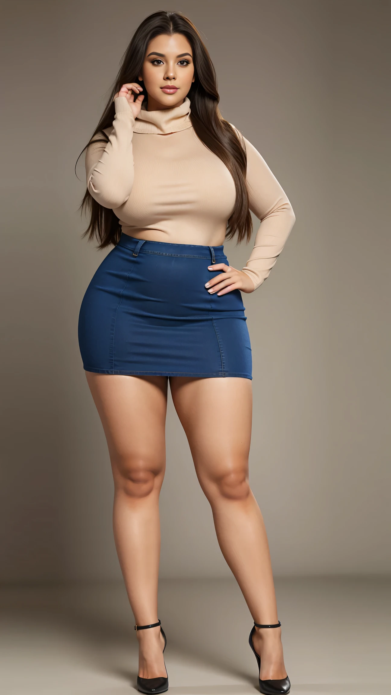 Full body shot of 1 beautiful woman, adult, large body, voluptuous woman, (very long straight hair),( brunette hair), outlined eyelids, made-up eyelids,  turtleneck sweater,  scarf, neckline, (blue mini denim skirt),  tempting , dreaming, curvy hourglass figure, oppai proportion, tight skirt , tall, tall, long legs