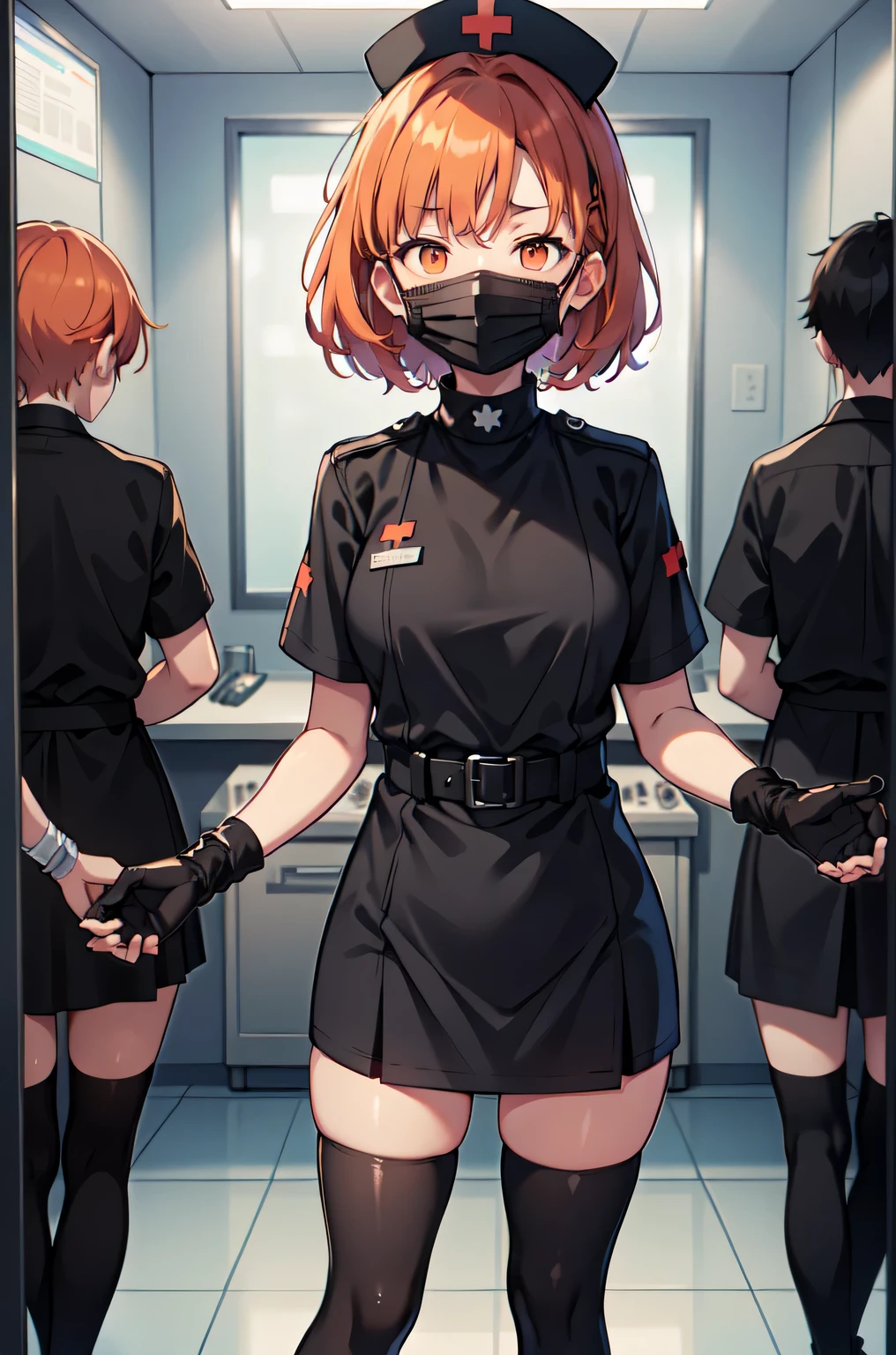 black nurse, 1girl, solo, black nurse cap, black nurse uniform, ((black legwear, zettai ryouiki)), black elbow gloves, very short hair, orange hair, ((black surgical mask, covered nose)), standing, ((surgery room)), sharp outline, short sleeves, tomboy, boyish, best quality, masterpiece