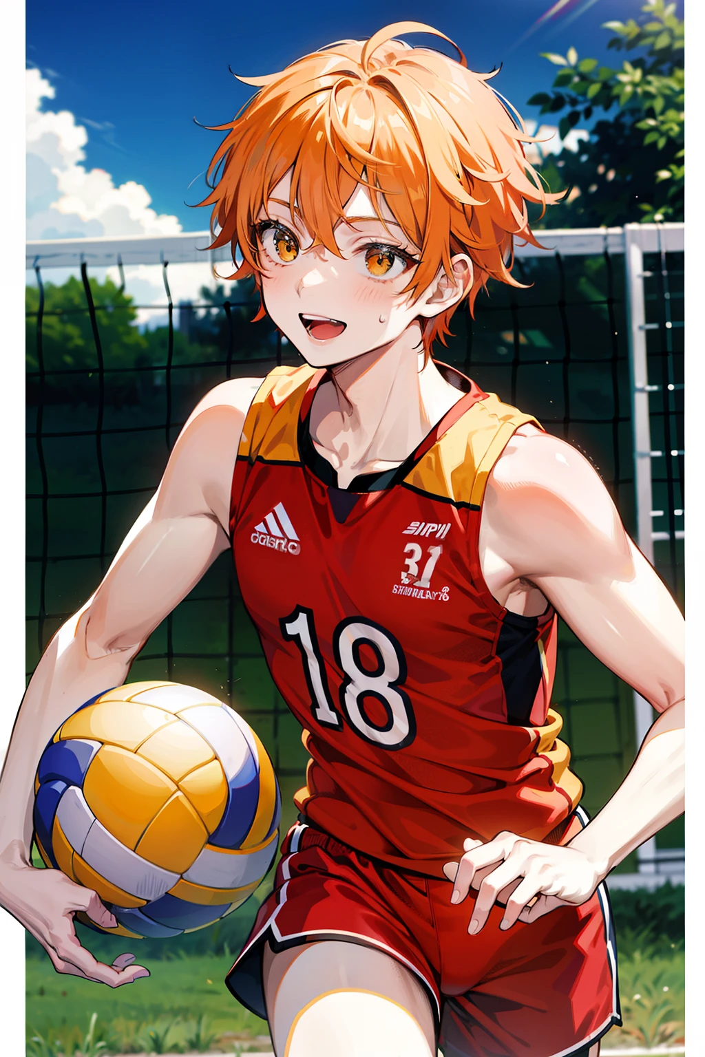 (Maximum resolution, clearly_image) best quality, individual, A man alone,In motion,Semi-realistic, Orange short hair, Orange hair, Bangs, 18 years old, Sportswear, volleyball, volleyball field background, Happy, sunny, Exquisite facial features