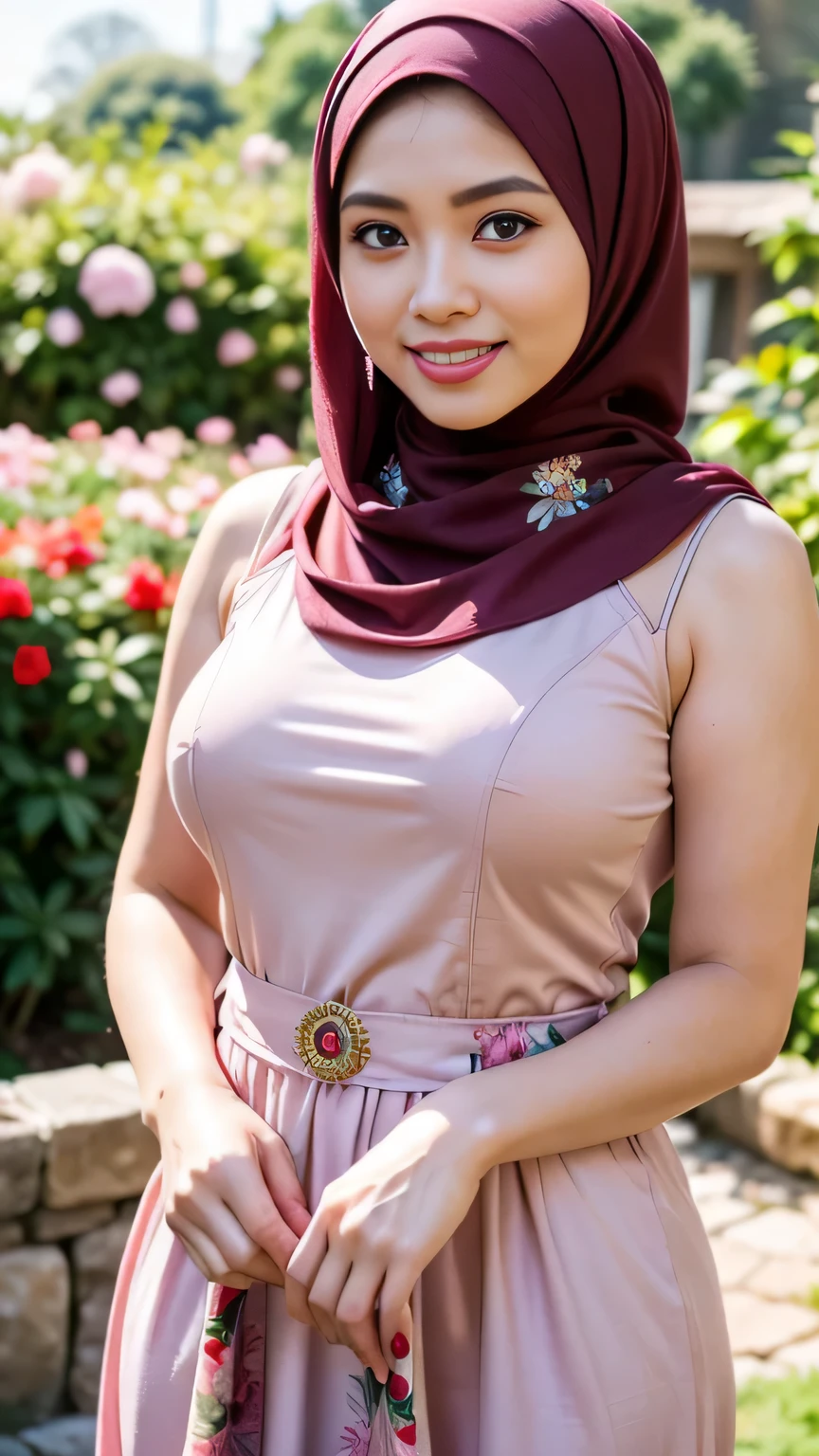 (8K, Raw photography, best quality, masterpiece: 1.2), ultra-detailed art, high resolution, (Photorealistic, Photorealistic photography: 1.37), High Detail RAW Color Photography, professional photography, very smooth and beautiful, highly detailed, Image Wallpaper 8K, stunning and detailed details, large file size, Official artwork, Highly detailed 8K Unity CG wallpapers, Highly detailed beautiful women, extra detailed faces, very detailed eyes, extra detailed fingers, extra realistic, very detailed eyebrows, very detailed facial skin detailed, very detailed fingers, very detailed nose, very detailed mouth, perfect anatomy, very detailed background, (lighting), detailed light rays, (medium chest:1.1), ((sharia hijab clothing:1.1;)), ((  body)), ((photo of a woman wearing a red hijab with a super transparent floral pattern)), ((Muslim woman wearing a red pashmkna hijab with a floral pattern)), ((full body photo)), super clauvages, showing breasts and nipples medium breasts, thick eyebrows, ((looking at the audience)), ((posing gracefully)), ((standing straight in the flower garden)), hands behind head)), ((both hands behind back)), (spreading armpits), ((smiling face)), happy face, face laughing, high class creative, photos are displayed from head, body, hands to foot level.
