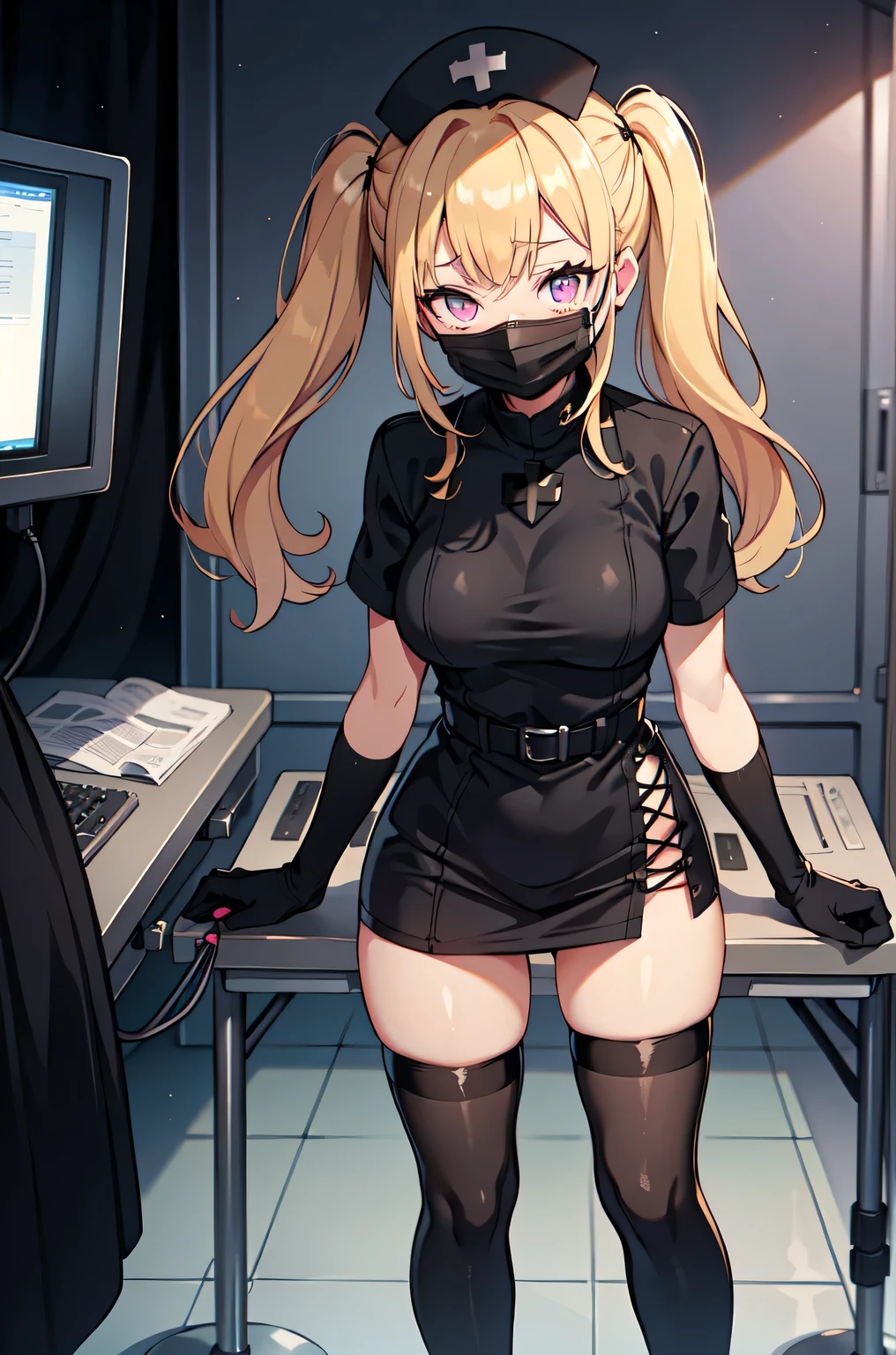 black nurse, 1girl, solo, black nurse cap, black nurse uniform, ((black legwear, zettai ryouiki)), black elbow gloves, twintails, yellow hair, purple eyes, ((black surgical mask, covered nose)), standing, ((surgery room)), sharp outline, short sleeves, best quality, masterpiece