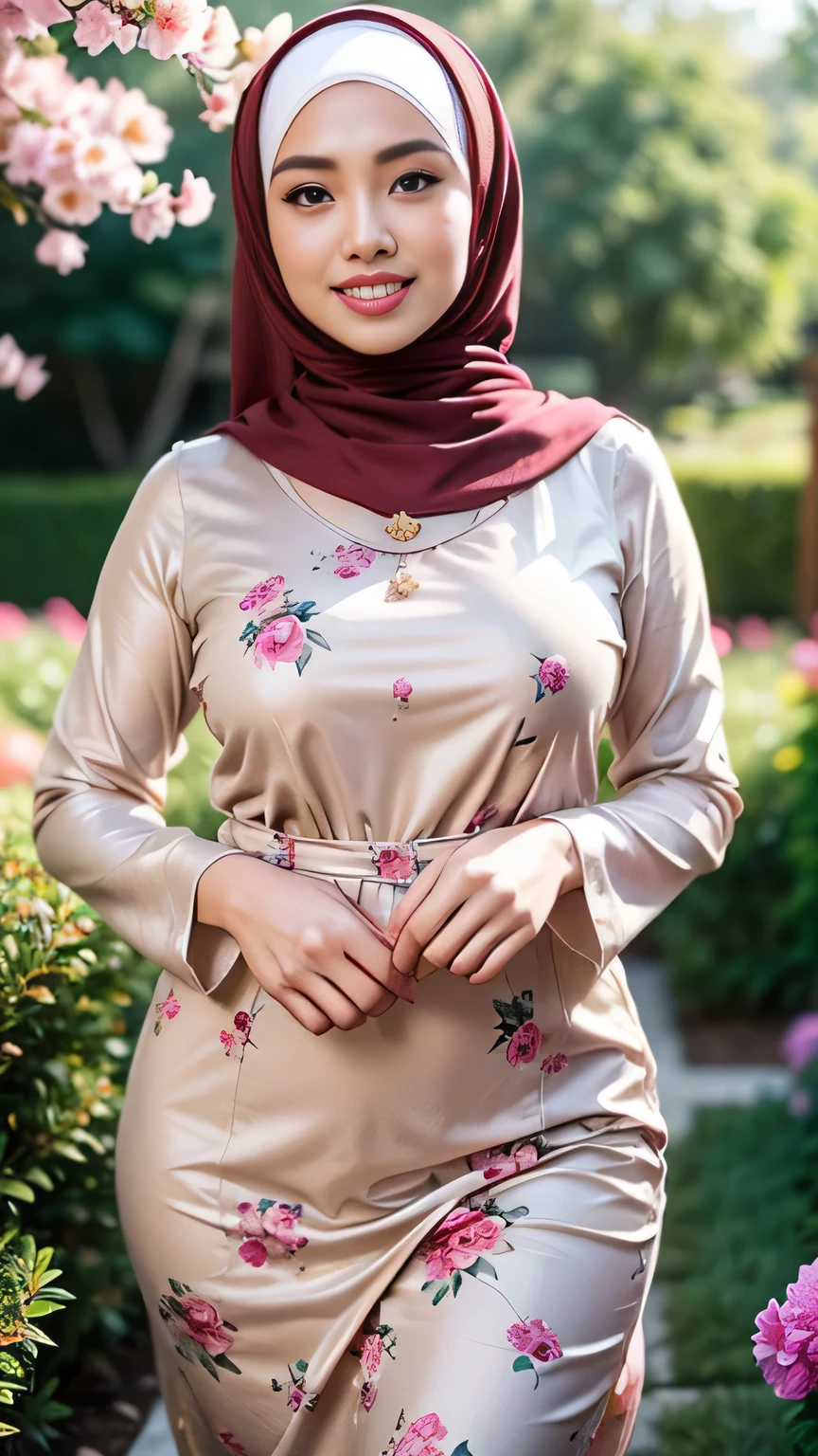 RAW, Best quality, high resolution, Masterpiece: 1.3), Beautiful Malay woman in hijab, Masterpiece, Perfect slim body, ((Big breasts)), Beautiful big eyes, water eyes, Soft smile, ((wearing tight red pastel floral malay gamis with closed hijab)), simple diamond necklace, ((closed clothes), ((polite clothes)), windy, skin details, skin texture details, wide hips, thick thighs, sexy body, morning time, laughing, happy, bright sunlight, flower garden path, blurred background, bokeh,