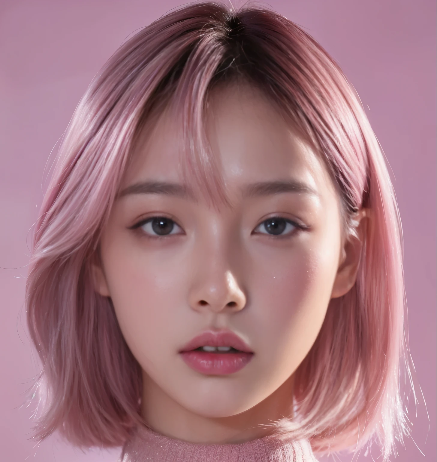 Close-up of a woman with pink hair and pink sweater, inspired by Yanjun Cheng, blackpink josie&#39;s portrait, Soft portrait shots 8 k, Portrait of a Korean idol, Artwork in the style of Guweiz, Inspired by Russell Dongjun Lu, 8K portrait rendering, 卡哇伊Realism肖像, Shiny pink face, Portrait of a Korean female idol，high quality，Realism，HD