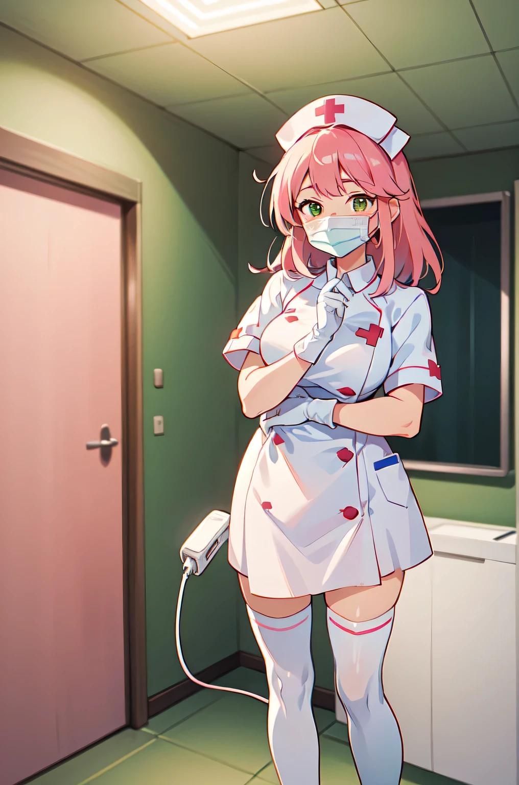 1woman, solo, nurse, white nurse cap, white nurse uniform, ((white legwear, zettai ryouiki)), white gloves, pink hair, green eyes, drooping eyes, ((white surgical mask, covered nose)), standing, ((hospital room)), sharp outline, short sleeves, mature female, 32 years old, best quality, masterpiece