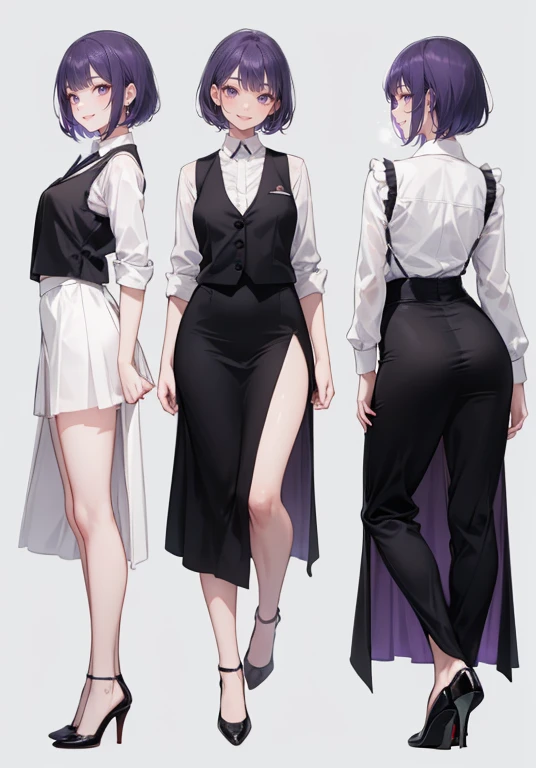 ((Perfect Face)),Purple Hair,short hair,1 female,bartender,,Black vest,skirt,slit,High heels,((Simple light color background)),((smile)),((whole body)),((whole body)),Portraits,Character Sheet,upright,expensive