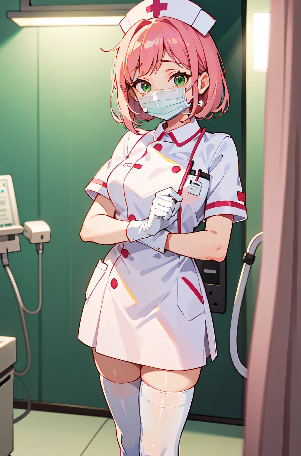 1woman, solo, nurse, white nurse cap, white nurse uniform, ((white legwear, zettai ryouiki)), white gloves, pink hair, green eyes, drooping eyes, ((white surgical mask, covered nose)), standing, ((hospital room)), sharp outline, short sleeves, mature female, 32 years old, best quality, masterpiece