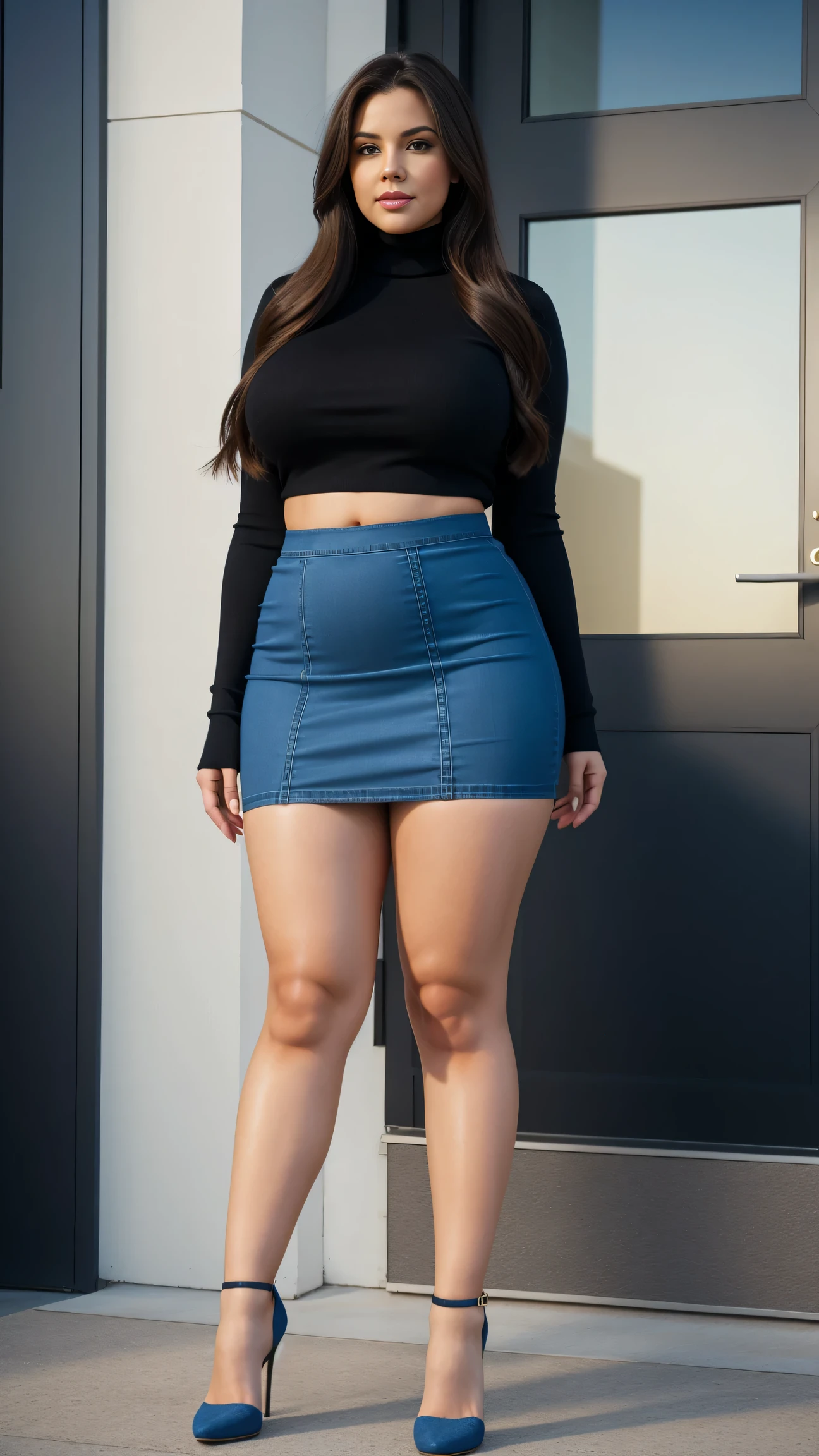 Full body shot of 1 beautiful woman, adult, large body, voluptuous woman, (very long straight hair),( brunette hair), outlined eyelids, made-up eyelids, turtleneck sweater, scarf, neckline, (blue mini denim skirt), tempting , dreaming, curvy hourglass figure, oppai proportion, tight skirt , tall, tall, long legs
