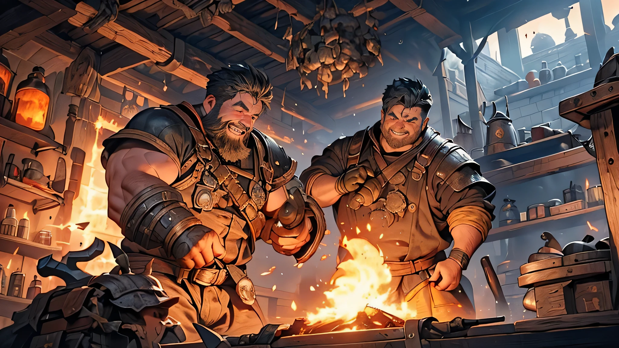 (a cheerful dwarf:1.1,a well-built physique,a stocky physique,physically strong,energetic),(blacksmithing:1.1,blacksmith work,metalworking,hitting a piece of metal,forging a weapon),(fire sparks,anvils,hammering sounds,dark and smoky workshop)
