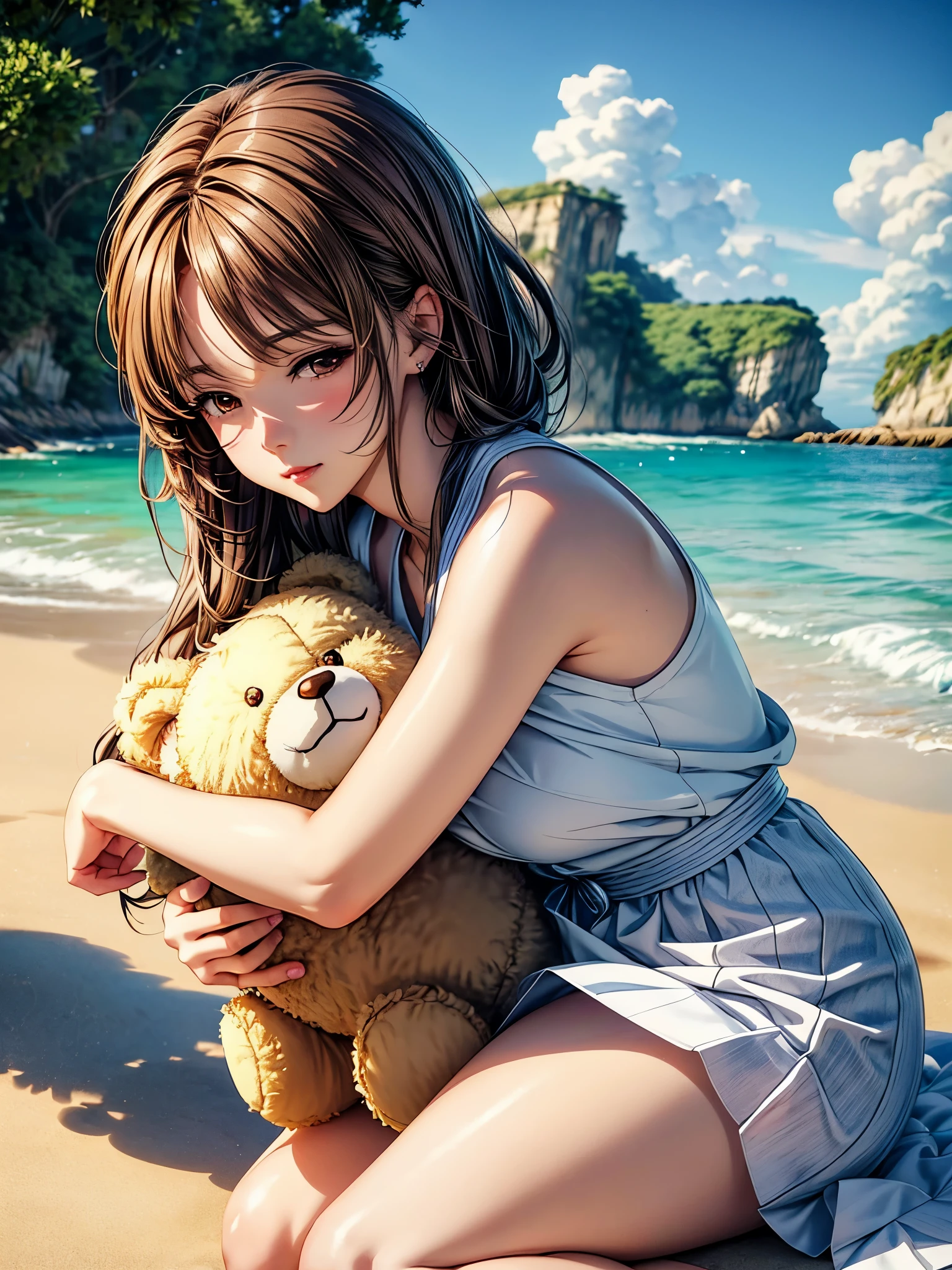 A woman hugs a teddy bear on the beach, Kawaii realistic portrait, Cute anime girl, Anime visuals of cute girls, Smooth anime CG art, Artwork in the style of Guweiz, portrait of Cute anime girl, Lovely portrait, Beautiful anime portrait, Beautiful anime girl, Cute anime girl portrait, Realistic anime 3D style