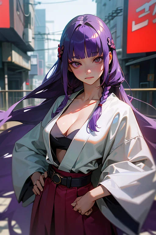 1 Girl, Blunt bangs, Braiding, Wide sleeves, hair ornaments, kimono, Says Obi, (Purple Hair:1.2), Very long hair, Straight hair, Looking at the audience, Highly detailed background, (Realistic:1.2), Beautiful Eyes, Red eyeshadow, Written boundary depth,thigh, (Urzan-6500:0.7), Upper Body, (alone:1.2), (Cyberpunk City:1.1), Cleavage,,Shiny skin、(Belly button exposed)