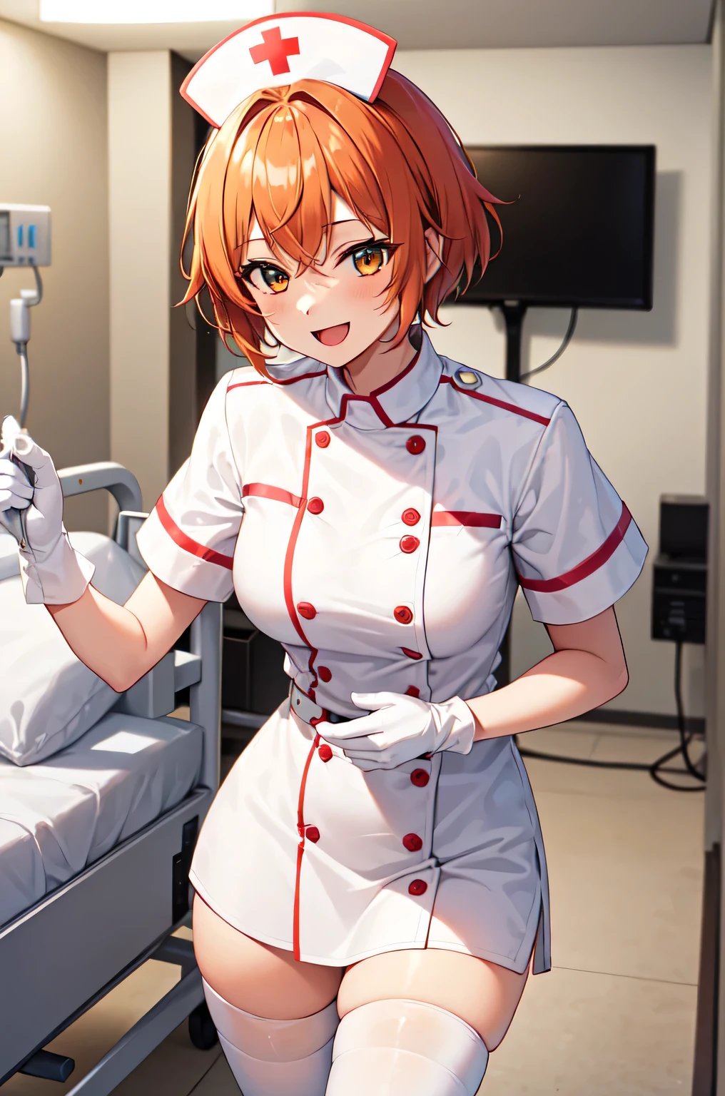 1girl, solo, nurse, nurse cap, white nurse uniform, ((white legwear, zettai ryouiki)), white gloves, very short hair, orange hair, smile, open mouth, standing, ((hospital room)), sharp outline, short sleeves, tomboy, boyish, best quality, masterpiece