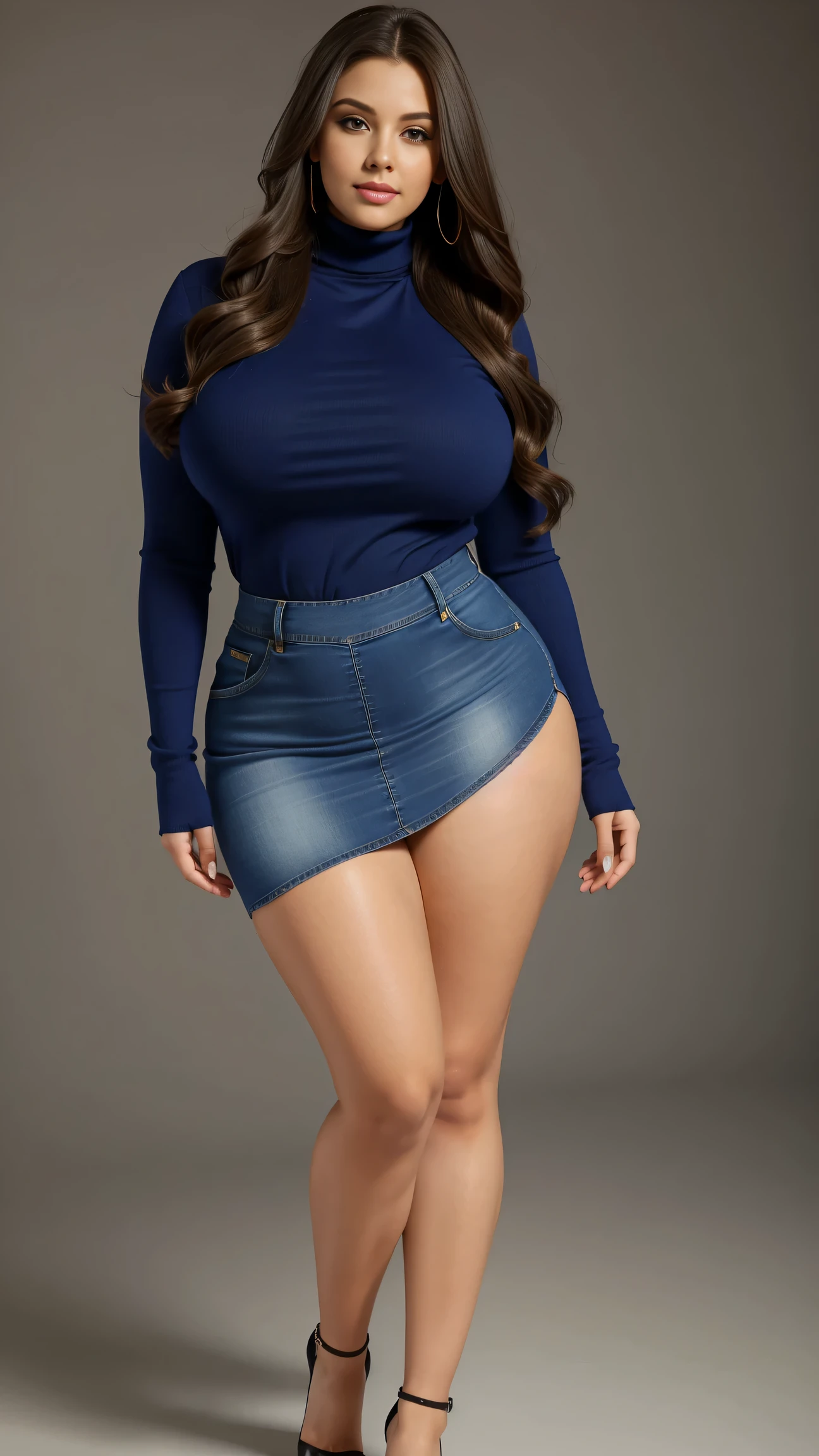Full body shot of 1 beautiful woman, adult, large body, voluptuous woman, (very long straight hair),( brunette hair), outlined eyelids, made-up eyelids,  turtleneck sweater,  scarf, neckline, (blue mini denim skirt),  tempting , dreaming, curvy hourglass figure, oppai proportion, tight skirt , tall, tall, long legs