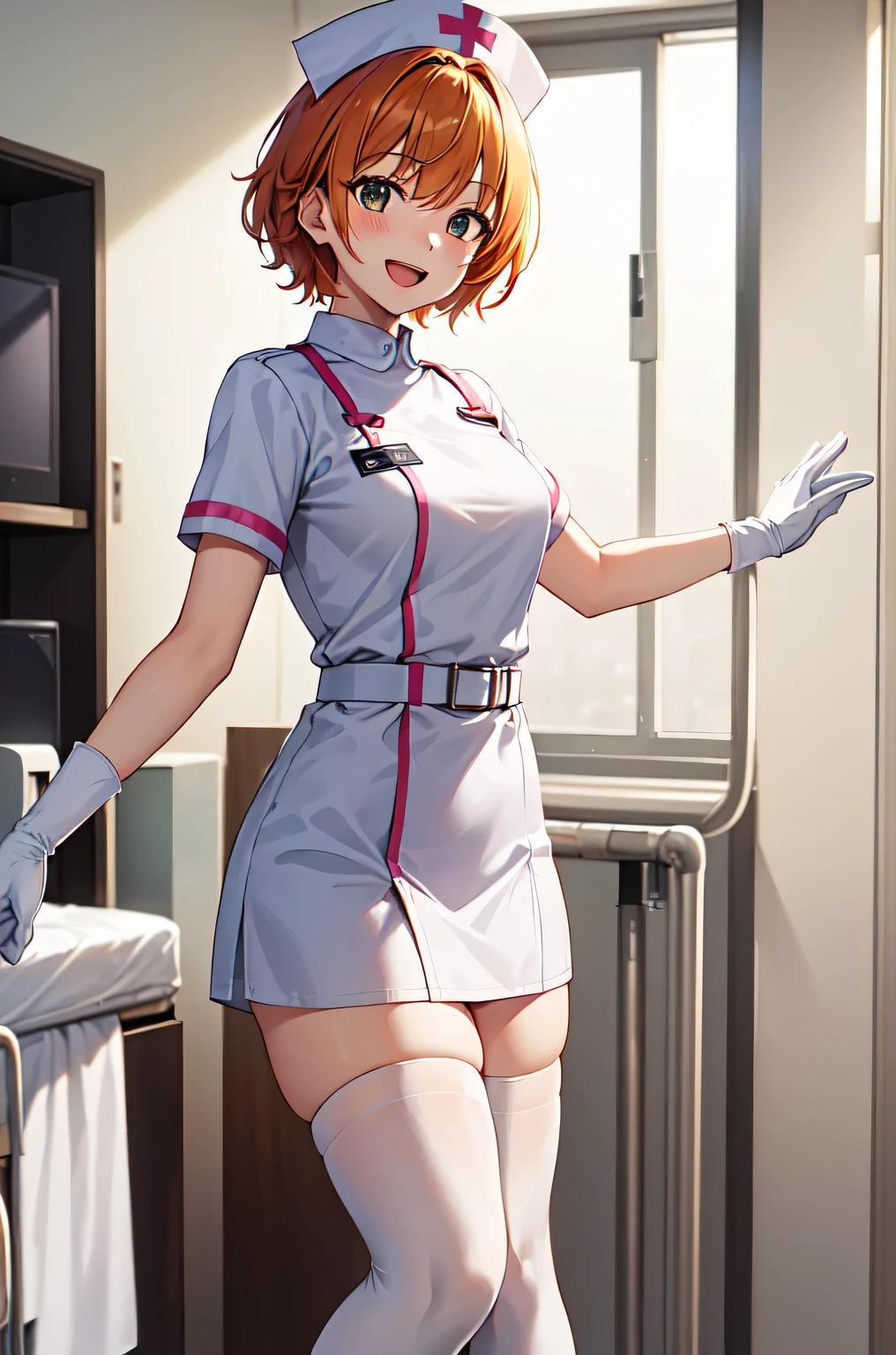 1girl, solo, nurse, nurse cap, white nurse uniform, ((white legwear, zettai ryouiki)), white gloves, very short hair, orange hair, smile, open mouth, standing, ((hospital room)), sharp outline, short sleeves, tomboy, boyish, best quality, masterpiece