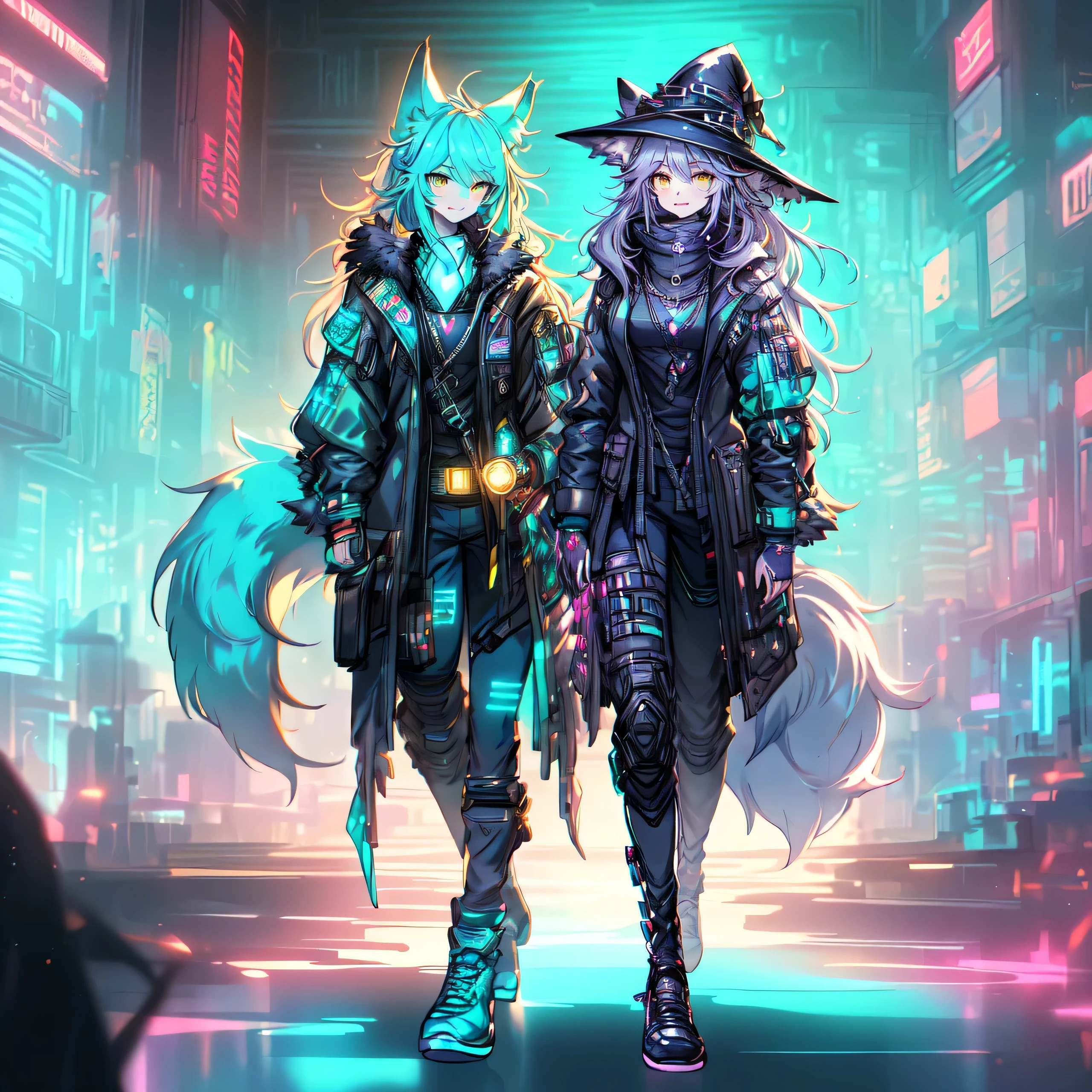 [best quality, shaded, extreme detail, highly detailed, ultra detailed, intricate, realistic], woman, hairy woman, wolf woman, full body portrait, full fur, magic fur, full tail, big tail, magic tail, long hair ( colored hair), hat on the head (cyberpunk style witch hat), almond-shaped eyes (bright turquoise color), expressive smile, charming face, witch outfit (dark color with magic runes, outfit is cyberpunk style), tights black, shoes (high cyberpunk boots), cyberpunk city, the scene takes place in a commercial street. The street contains cyberpunk skyscrapers