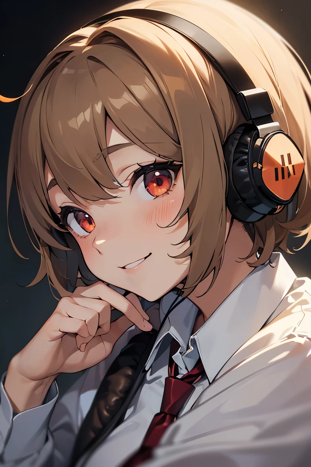 1 girl, , UHigh resolution, retina, masterpiece, Accurate, Anatomically correct, Rough skin, Very detailed, Advanced Details, high quality, Awards, 最high quality, High resolution, High resolution, 4K,(anime,8k,masterpiece, 最high quality, 最high quality,beautifully、aesthetic:1.2,Professional Illustration:1.1,Very detailed:1.3,Perfect lighting),Very detailed,Most detailed,Unbelievably absurd,High resolution,Very detaileded,Complex:1.6, Cute pose,young,③red eyes,detailed face, fine eyes, Skin details,④: animation, figure,
⑤: (diagonal bang:1.5) ,(Buzz cut),(Light brown hair:1.2),⑦: (head shot:1.5), looking at the viewer, ⑧:(Headphones:1.5),profile,(collared shirt:1.3),smile