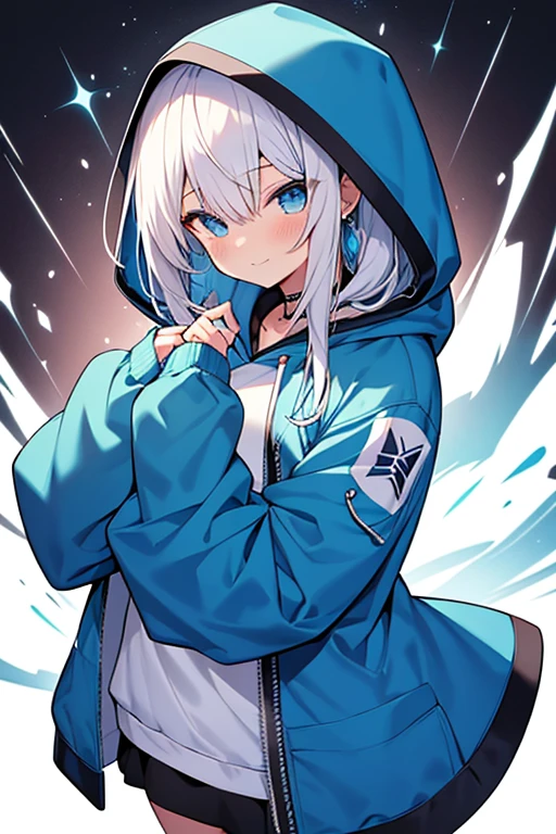 anime,manga,1girl, solo, hood, blue eyes, medeium hair, long sleeves, bangs, hood up,hoodie,looking at viewer, white hair, hair between eyes, puffy long sleeves, hoodie, puffy sleeves, blue hair, drawstring, blush, closed mouth, virtual youtuber, sleeves past wrists, smile