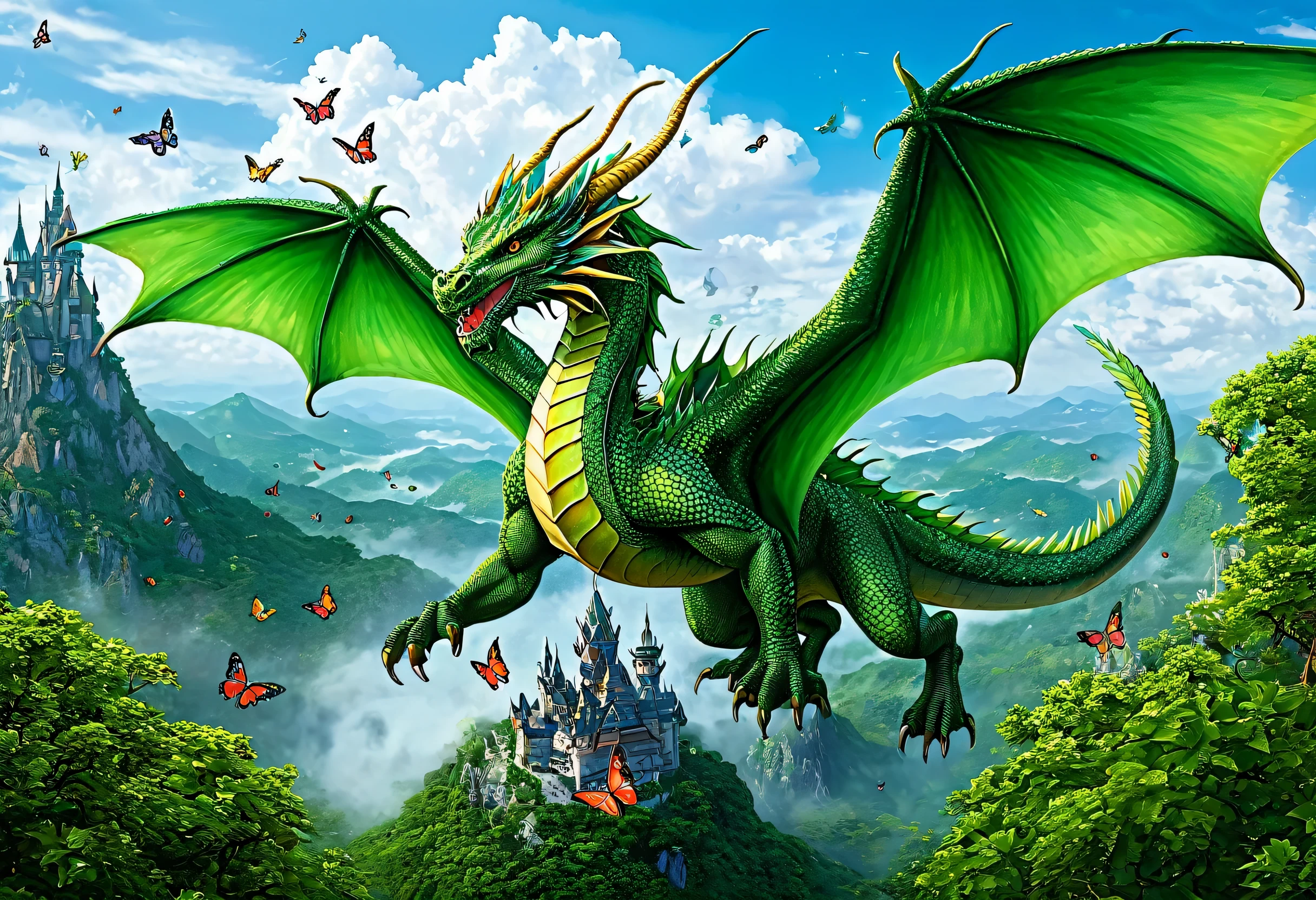 A dragon with butterflies flying in the sky, Detailed fantasy art, Vibrant colors、Attention to detail, green dragon, highly Detailed fantasy art, super detailed color art, Attention to detailColor, Colorful and detailed art, Dragon Art, Mythical creatures, Highly detailed painting, Magic fantasy highly detailed, Highly detailed painting, detailed dragon, Detailed fantasy illustrations, With a giant dragon in the background, the image remains almost unchanged