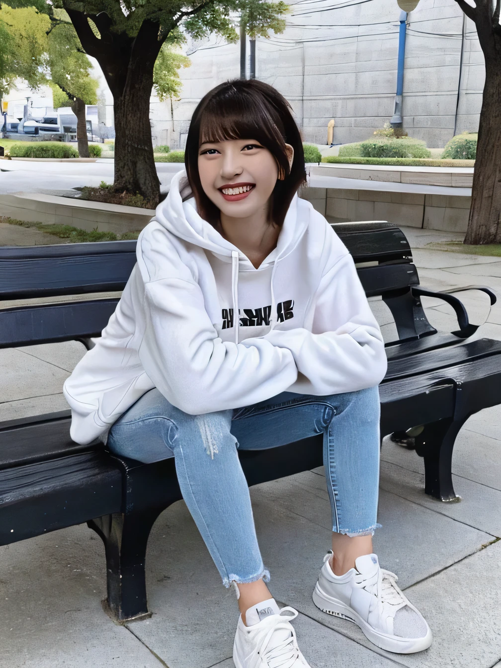 highest quality)), ((masterpiece)), (Get used to it), Perfect Face、((highest quality)), A beautiful and elegant woman sitting on a park bench、ear piercing、hoodie、Skinny jeans、sneakers、Black Hair、Smiling with teeth showing、Full body photo、Ear piercing information
