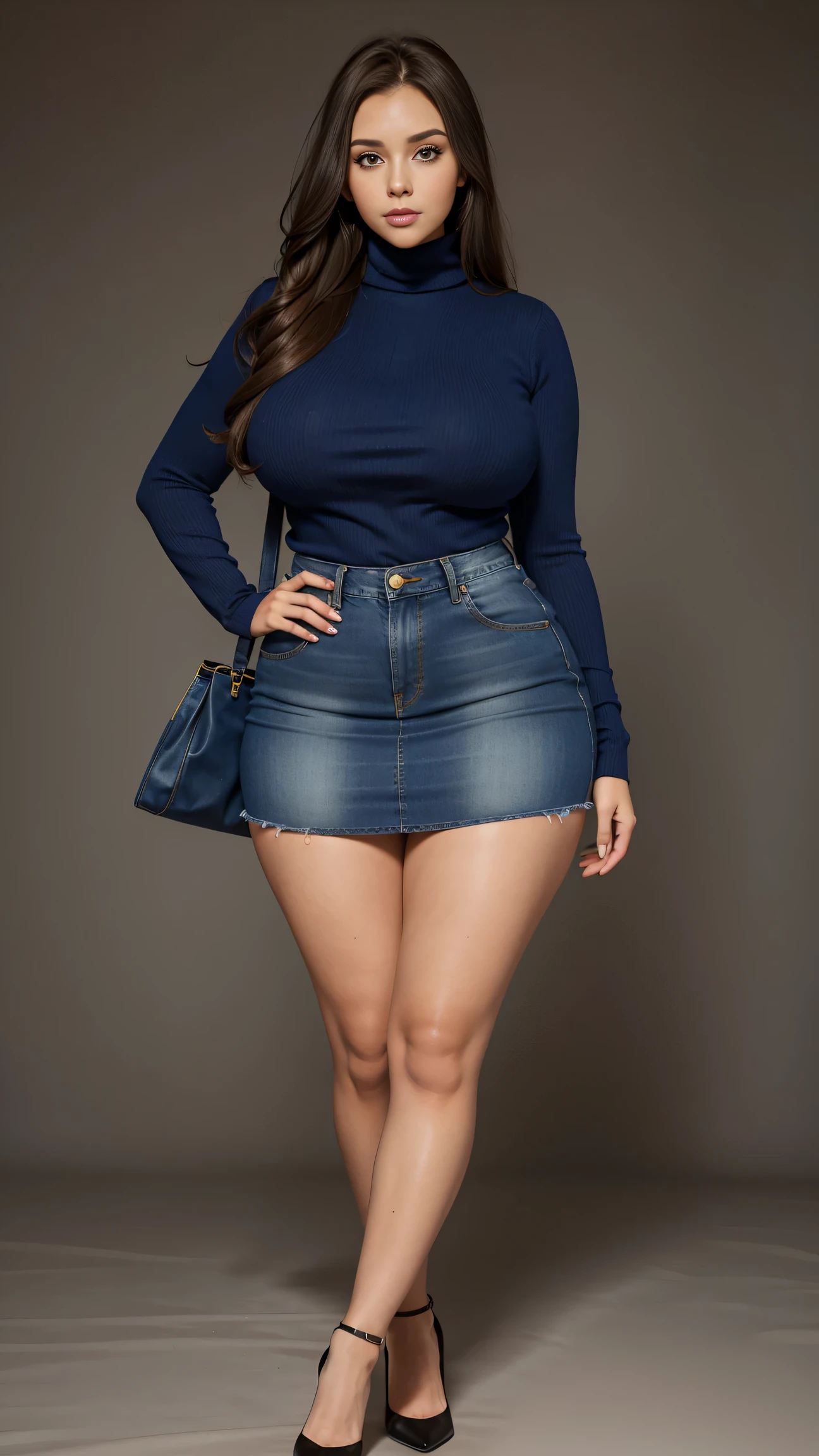Full body shot of 1 beautiful woman, adult, large body, voluptuous woman, (very long straight hair),( brunette hair), outlined eyelids, made-up eyelids, turtleneck sweater, scarf, neckline, (blue mini denim skirt), tempting , dreaming, curvy hourglass figure, oppai proportion, tight skirt , tall, tall, long legs