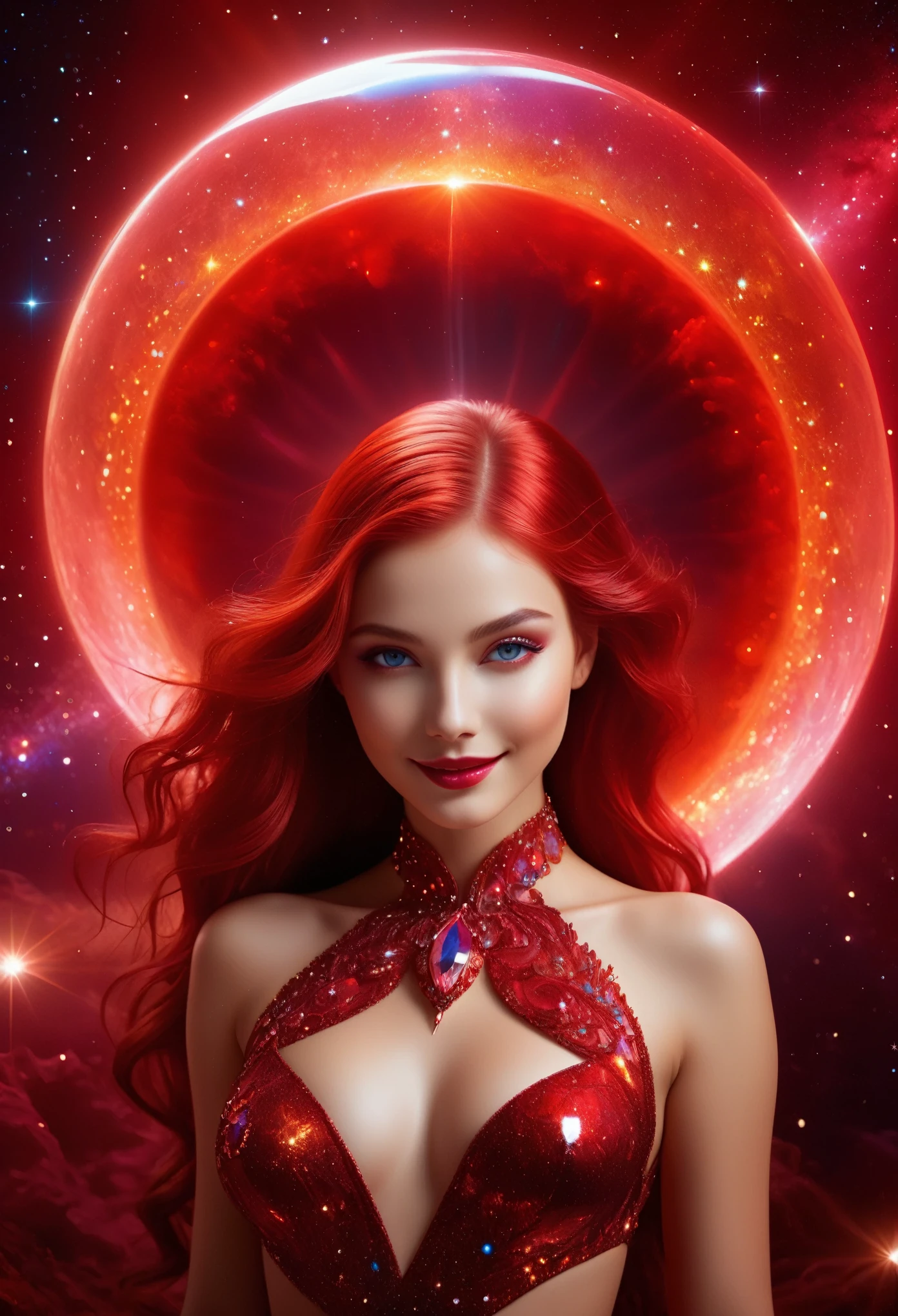 (best quality,4k,8k,highres,masterpiece:1.2),(ultra-detailed,realistic:1.37),beautiful detailed eyes,beautiful detailed lips,longeyelashes,crystal-like body,otherworldly,mysterious atmosphere,ruby mineral composition,extraterrestrial girl with a humanoid appearance,sparkling ruby reflections,shimmering colors,cosmic landscape,powerful presence,delicate facial features,charming smile,vibrant red hues,ethereal beauty,unique skin texture,translucent appearance,glowing with inner light,iridescent qualities,curved and graceful body,organic contours,celestial aura,enchanted by the girl's radiance,artistic illustrations,painterly style,vivid brushstrokes,rich textures,otherworldly proportions,hauntingly beautiful,pure and innocent,wonder and intrigue,interpretation of the cosmos,sublime manifestation of art and science,celestial gem.(NSFW:1.4)