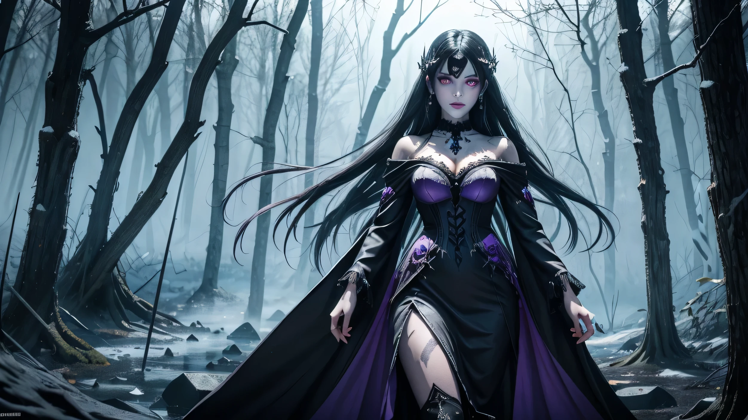 There is a full size figure of a beautiful zombie women with cute face black hair silver white eyes dark blue eye shadows and frost blue lips small cute heart shape tatoo under left eye dressed in purple Gothic dress with glass ice claws on her fingers, women walk thru the swamp emanates grave chilling frost aura ground froze where she steps , high quality beautiful face, detailed anime art, detailed anime wallpaper , high quality illustration. 8k top quality details