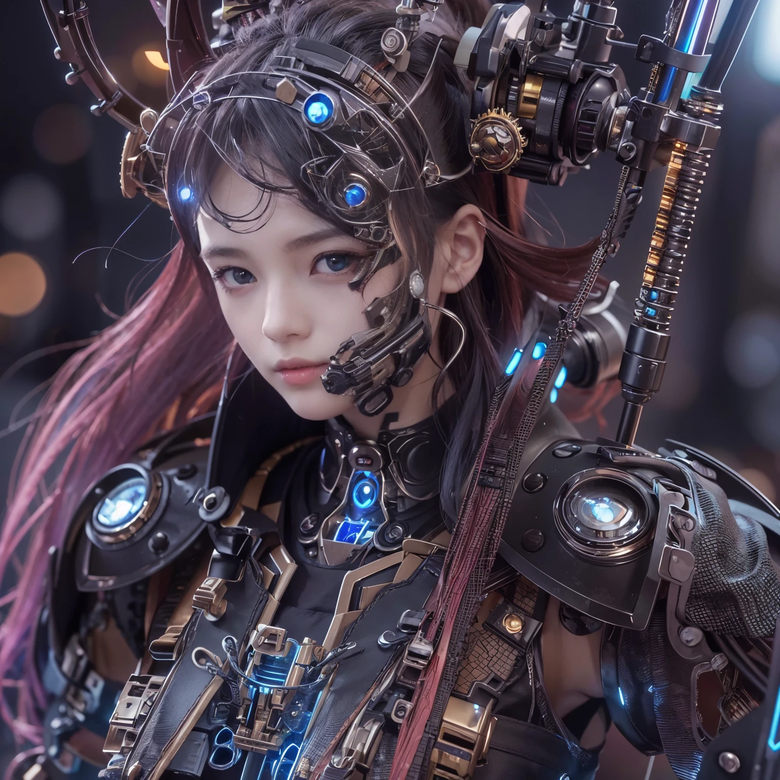 (top-quality:1.2, masterpiece)、ultra high resolution、extremely ultra surrealism, (Photorealsitic:1.4)、Raw photo、(Steampunk Battle Cyborg fallen angel)、large wings made of metal、black porcelain body、red hair、glowy skin、1 Cyborg girl、(mechanical frame:1.3)japanese, extremely cute face, ((super realistic details))、portrait、globalillumination、Shadow、octan render、8K、ultrasharp、character edge light、Details of complex ornaments、Acrylic Clear Cover、Sumerian details、Hydraulic cylinder、Small LED lamp、highly intricate detail、Realistic light、a purple eye、radiant eyes、Facing the camera、neon details、cowboy shot、Futuristic headgear、About Cyberpunk