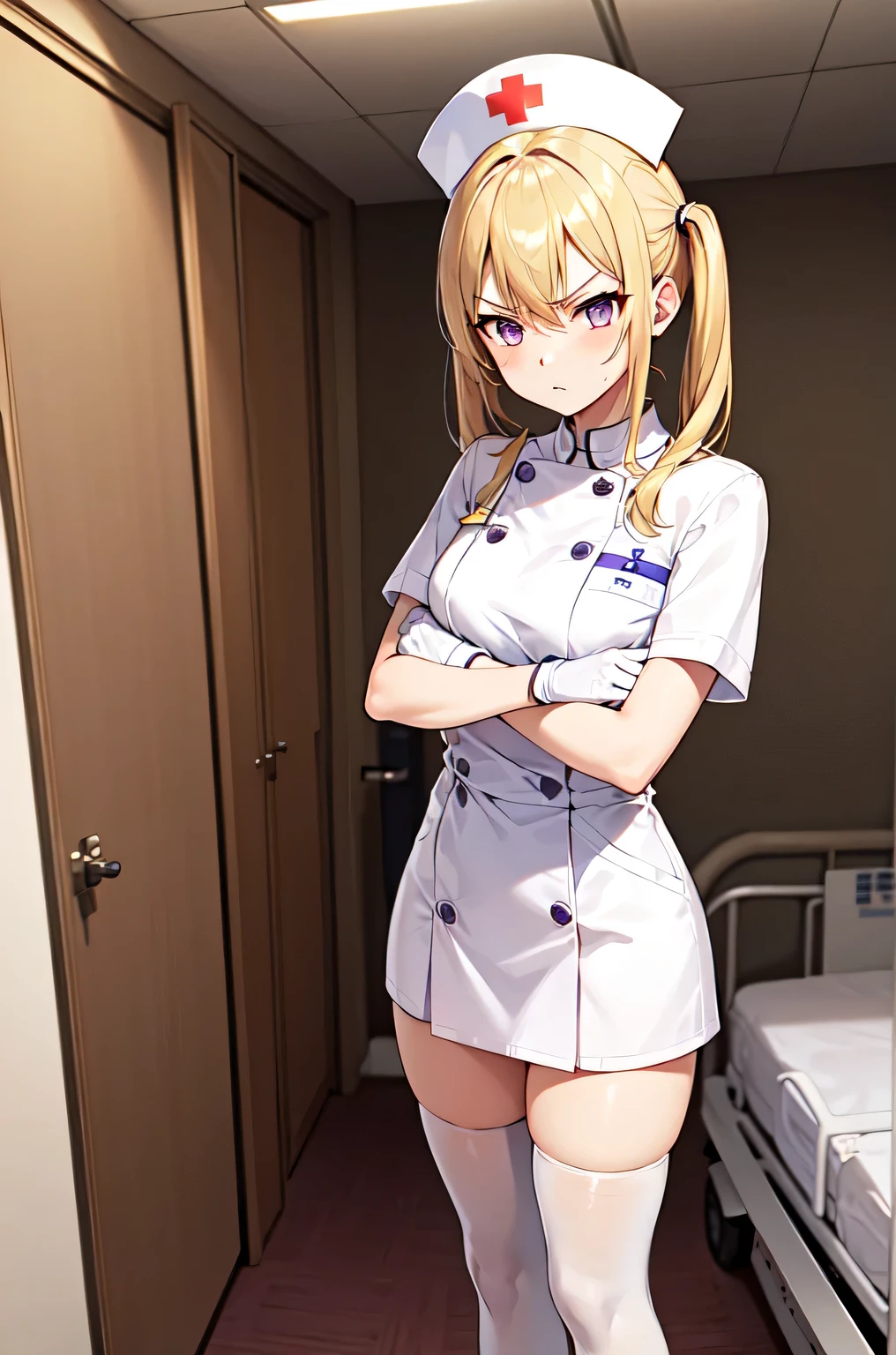 1girl, solo, nurse, nurse cap, white nurse uniform, ((white legwear, zettai ryouiki)), white gloves, twintails, yellow hair, purple eyes, angry, crossed arms, standing, ((hospital room)), sharp outline, short sleeves, best quality, masterpiece