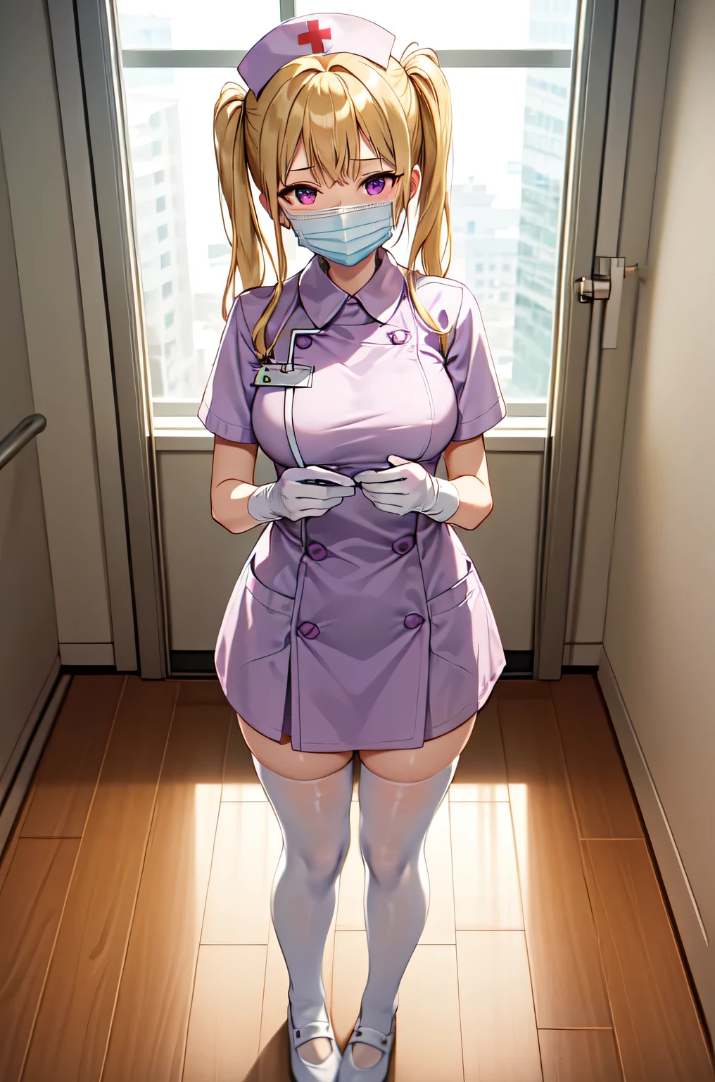 1girl, solo, nurse, nurse cap, white nurse uniform, ((white legwear, zettai ryouiki)), white gloves, twintails, yellow hair, purple eyes, ((white surgical mask, covered nose)), standing, ((hospital room)), sharp outline, short sleeves, best quality, masterpiece