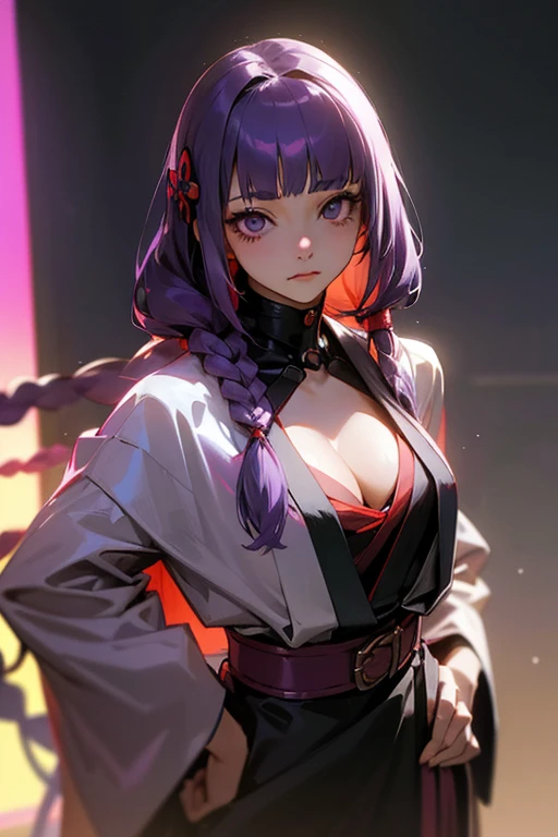 1 Girl, Blunt bangs, Braiding, Wide sleeves, hair ornaments, kimono, Red Belt, (Purple Hair:1.2), Very long hair, Straight hair, Looking at the audience, Highly detailed background, (Realistic:1.2), Beautiful Eyes, Red eyeshadow, Written boundary depth，thigh, (Urzan-6500:0.7), Upper Body, (alone:1.2), (Cyberpunk City:1.1), Cleavage, Shiny skin、Sit at the bar counselor、