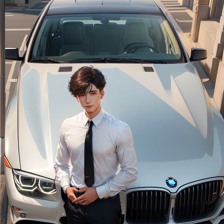 a young man.wear white shirt.Black suit pants.Wear blue tie.with a smile on face.Standing against the hood of a BMW.Cross your hands on your chest.young man with short hair.masterpiece, best quality, (Extremely detailed CG Unity 8K wallpaper), (best quality), (Best Illustration), (The best shadow), absurd, Realistic lighting, (abyss), Beautiful and delicate light, Artworks by Peter Mohr Bacher,