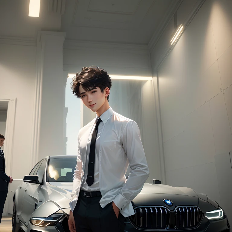 a young man.wear white shirt.Black suit pants.Wear blue tie.with a smile on face.Standing against the hood of a BMW.Cross your hands on your chest.young man with short hair.masterpiece, best quality, (Extremely detailed CG Unity 8K wallpaper), (best quality), (Best Illustration), (The best shadow), absurd, Realistic lighting, (abyss), Beautiful and delicate light, Artworks by Peter Mohr Bacher,