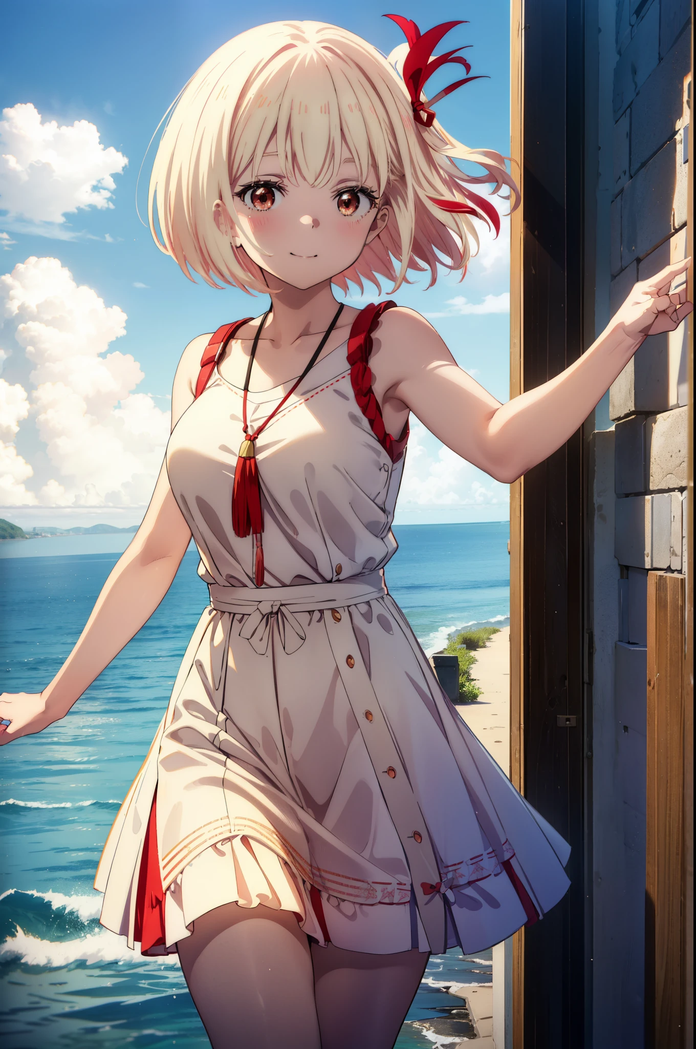 chisatonishikigi, Chisato Nishikigi, Short Hair, bangs, blonde,Bobcut, White hat(Red eyes:1.5), Hair Ribbon,One side up,happy smile, smile, Open your mouth,smile,blush,Red sleeveless dress,White long skirt,Bare arms,Rocket Pendant,Cute Sandals,real summer,sunny,It's as if your whole body is in the illustration., break outdoors, Coastal Road, break looking at viewer, (Cowboy Shot:1.5), break (masterpiece:1.2), highest quality, High resolution, unity 8k wallpaper, (shape:0.8), (Beautiful details:1.6), Highly detailed face, Perfect lighting, Highly detailed CG, (Perfect hands, Perfect Anatomy),