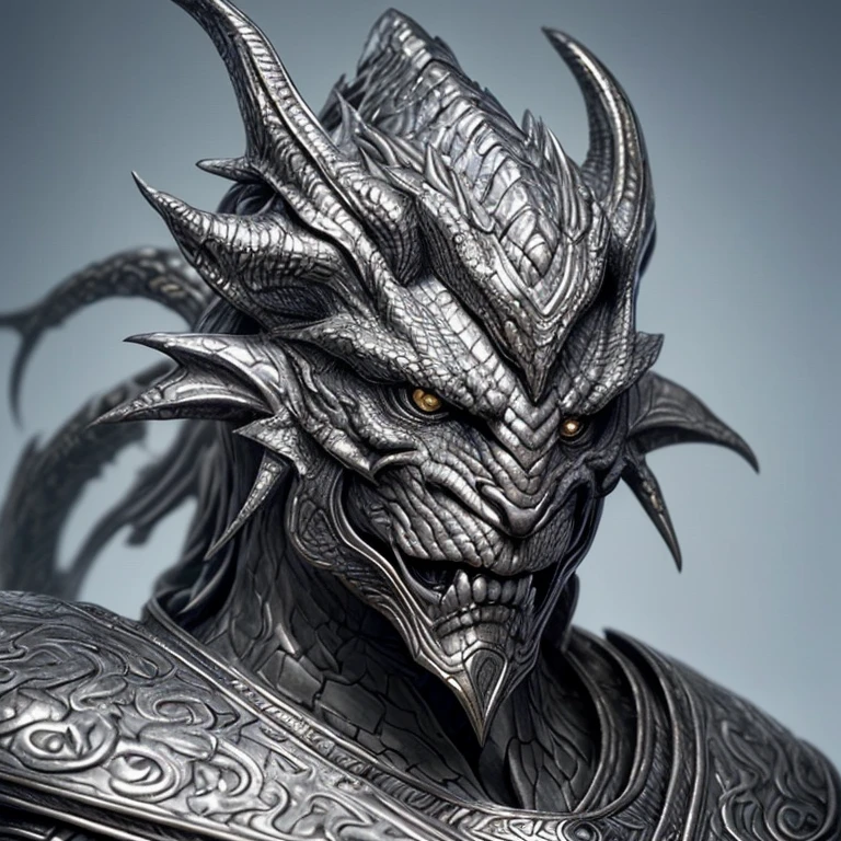 A dragon head,with a perfect sculptural realistic,with silver mediaval armor, and potrait, ultra realistic, HD,