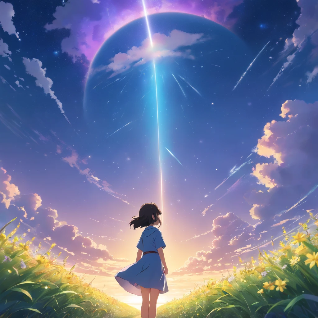 Makoto Shinkai, Expansive landscape photograph , (View from below，Displays the sky above and the clearing below), a girl standing on flower field looking up, (full moon:1.2), ( meteors:0.9), (Starcloud:1.3), Far Mountain, Tree BREAK Production Art, (Warm light source:1.2), (Firefly:1.2), lamp lights, Lots of purple and blue, Intricate details, Volumetric lighting BREAK (Masterpiece:1.2), (Best quality), 4K, Ultra-detailed, (Dynamic composition:1.4), Highly detailed, Colorful details,( Iridescent colors:1.2), (luminouslighting, Atmospheric lighting), Dreamy, magical, (Solo:1.2)
